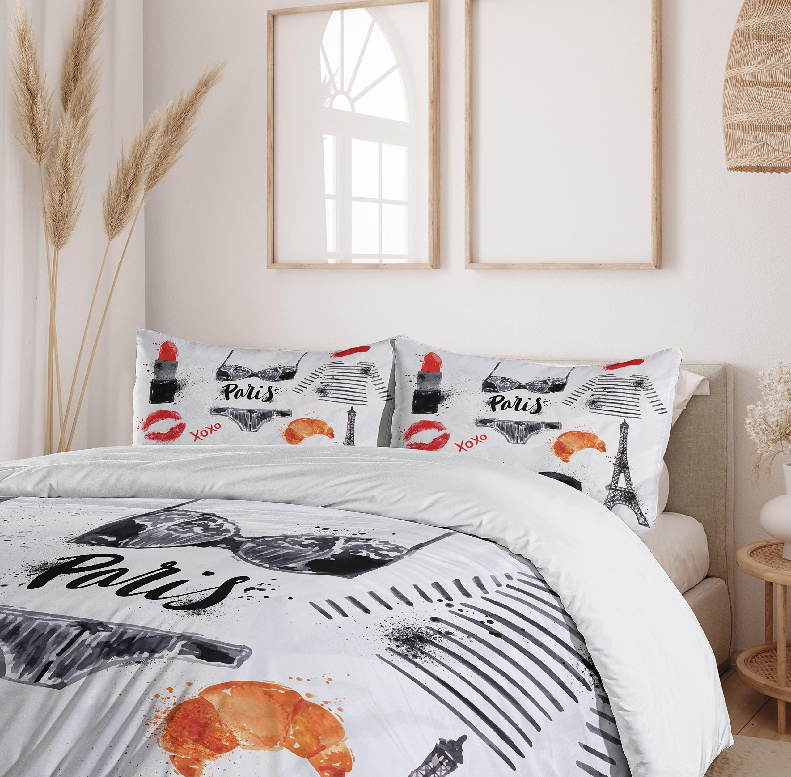Lunarable Paris Duvet Cover Set, Eiffel Tower Glasses Lipstick Shoes Lingerie Accessories, Decorative 3 Piece Bedding Set with 2 Pillow Shams, California King, Vermilion Pale Grey - Image 6