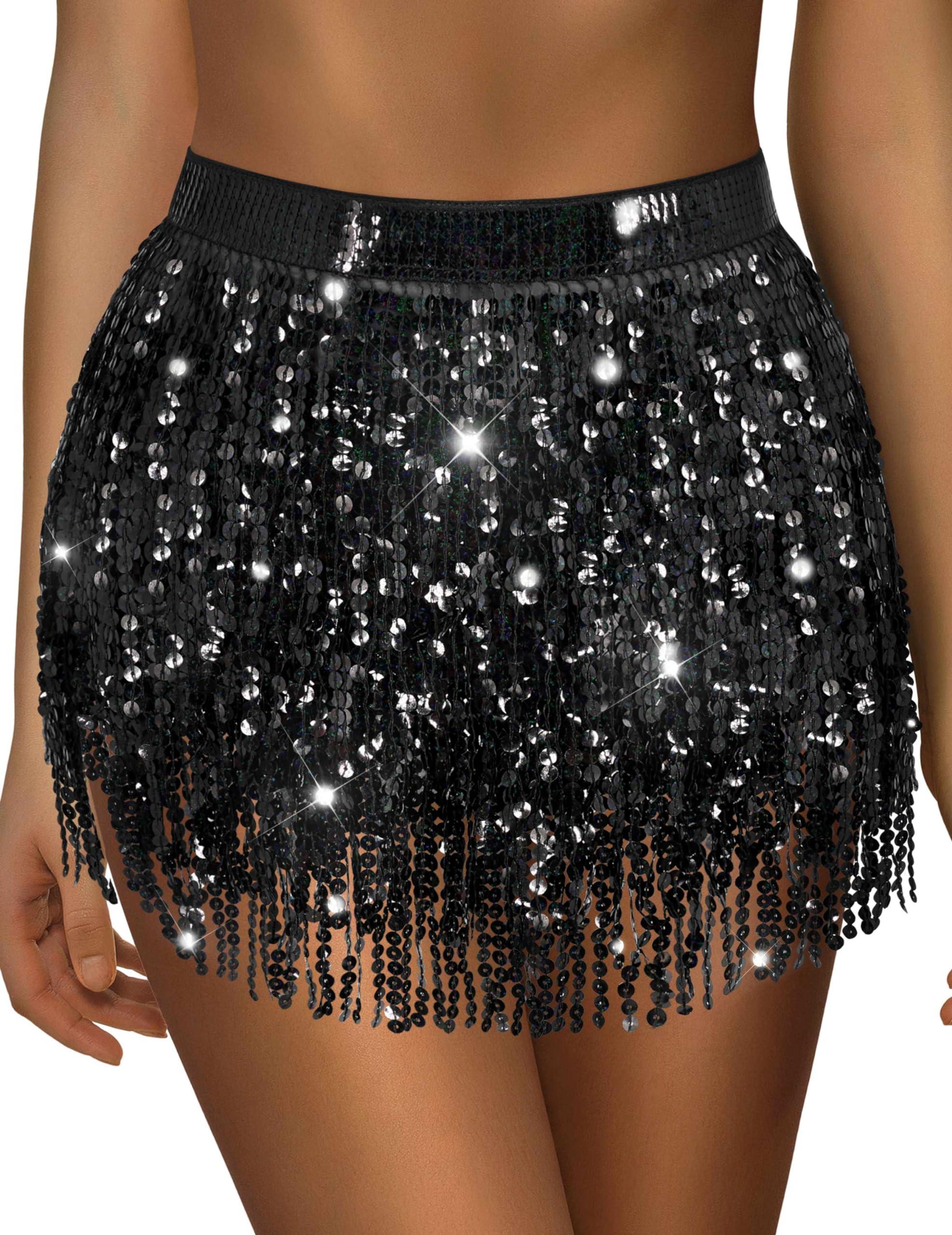 Sequin Skirt Sparkly Skirt Belly Dance Skirt Glitter Skirt Rave Sparkle Skirt Sequin Tassel Skirt Fringe Hip Scarf Women