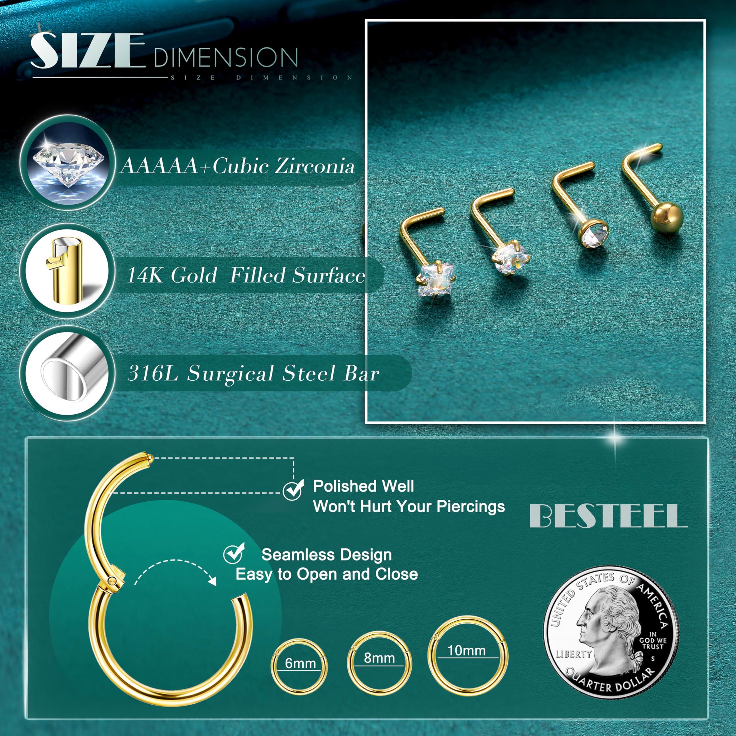 18G Nose Rings Hoops and 20G Nose Studs for Women Men -Hypoallergenic 316L Surgical Stainless Steel Clicker Hinged Segment Ball CZ Simulated Diamond Nostril Piercings Jewelry 15Pcs - Image 3