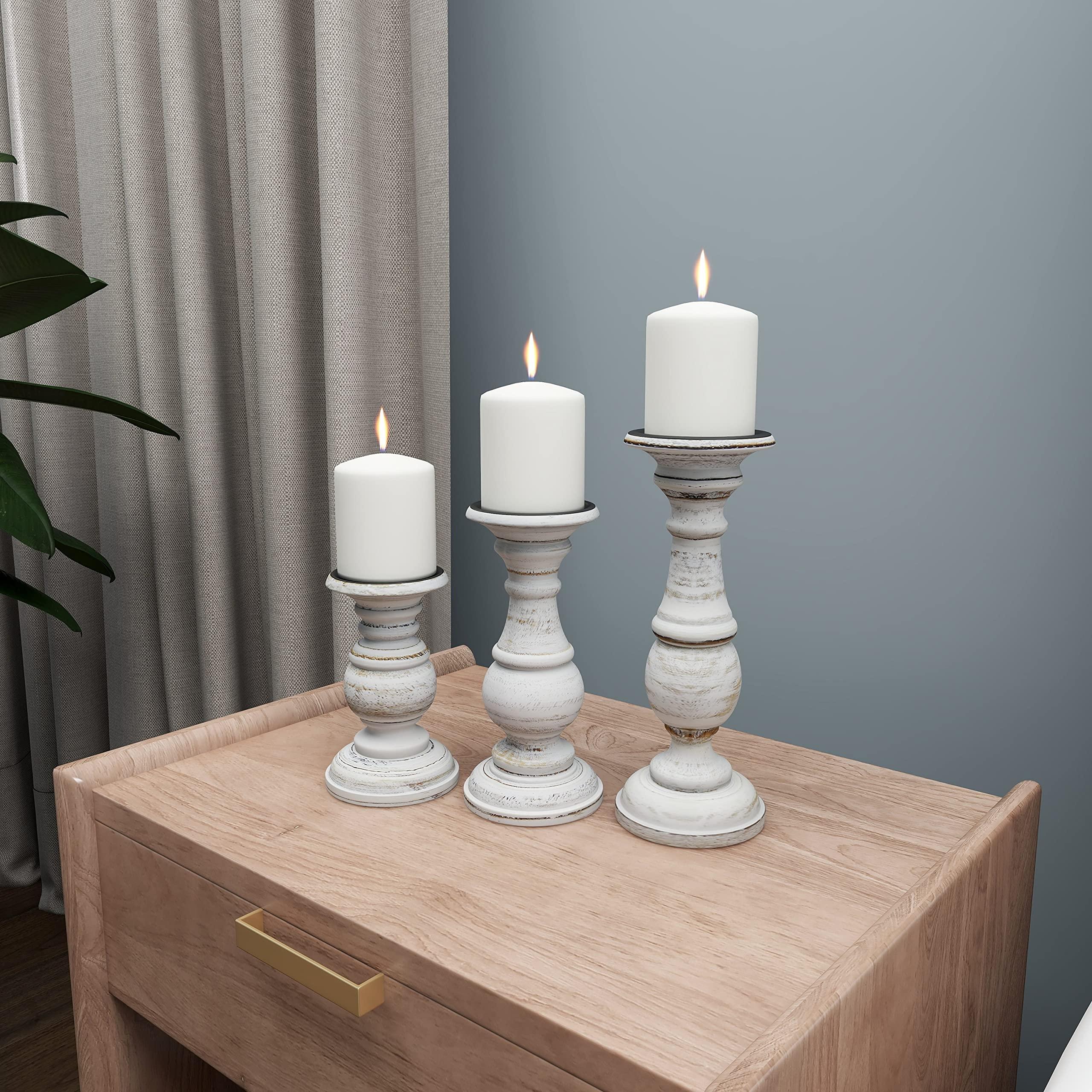 Deco 79 Mango Wood Decorative Candle Holder Turned Style Pillar Candle Stand, Set of 3 Candlestick Holder 10", 8", 6”H, White - Image 5
