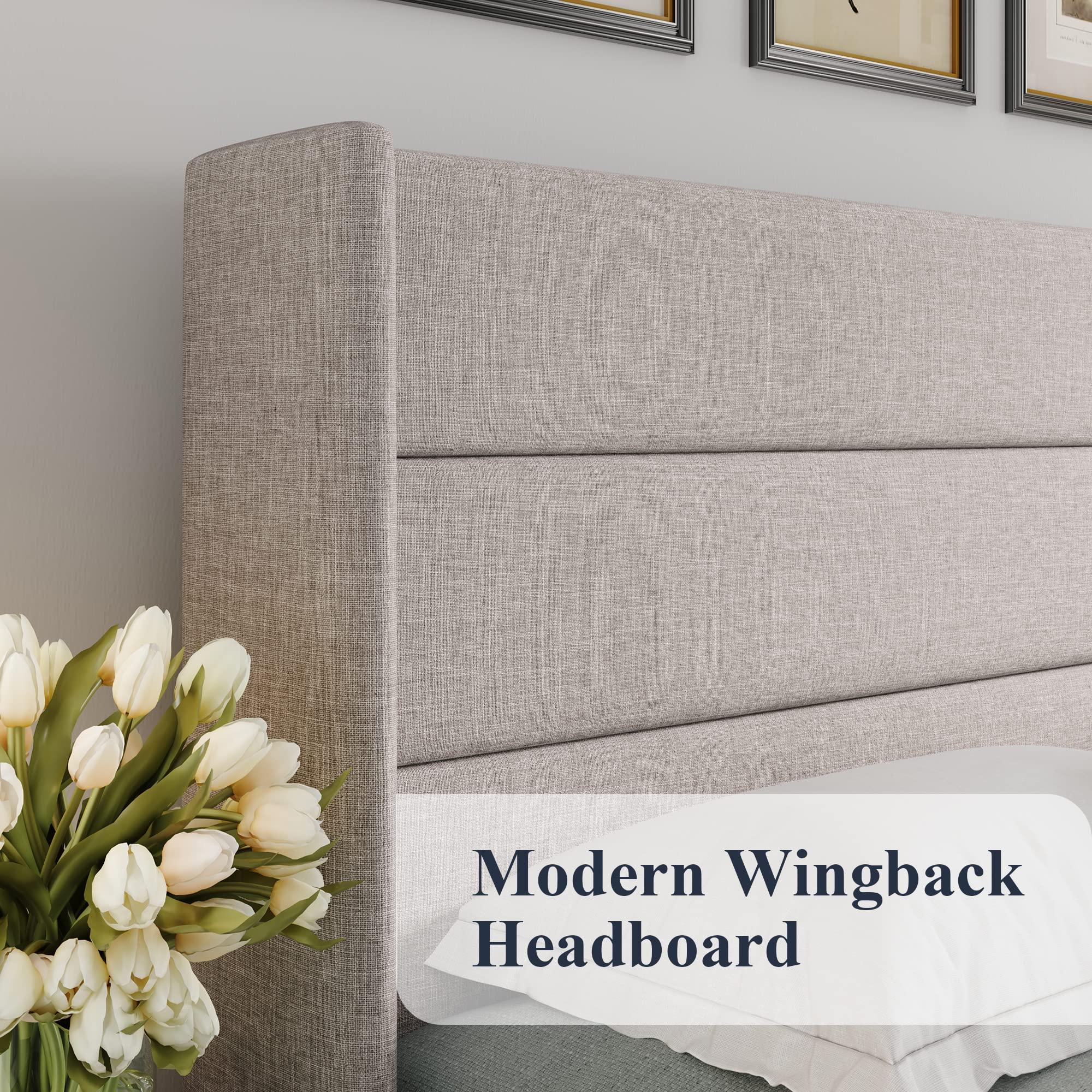 Allewie Queen Size Lift Up Storage Bed, Modern Wingback Headboard, Hydraulic Support, No Box Spring Needed, Light Beige - Image 4