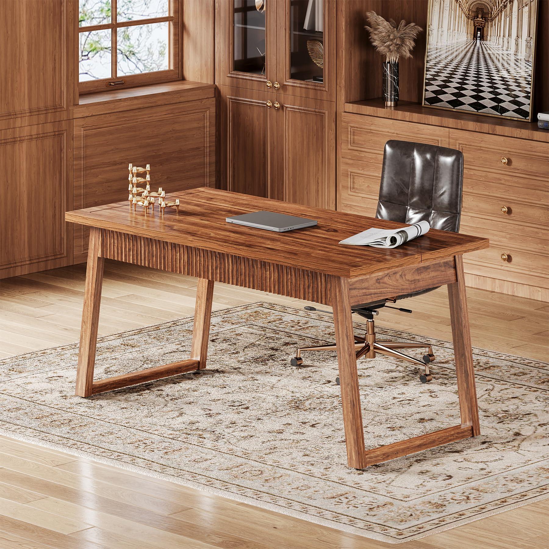 LITTLE TREE 55-Inch Home Office Desk with Drawer, Modern Minimalist Style Wooden Simple Study Writing Table, Mid-Century Log Executive Desk, Computer Desk, PC Laptop Desk Workstation, Walnut Brown - Image 7