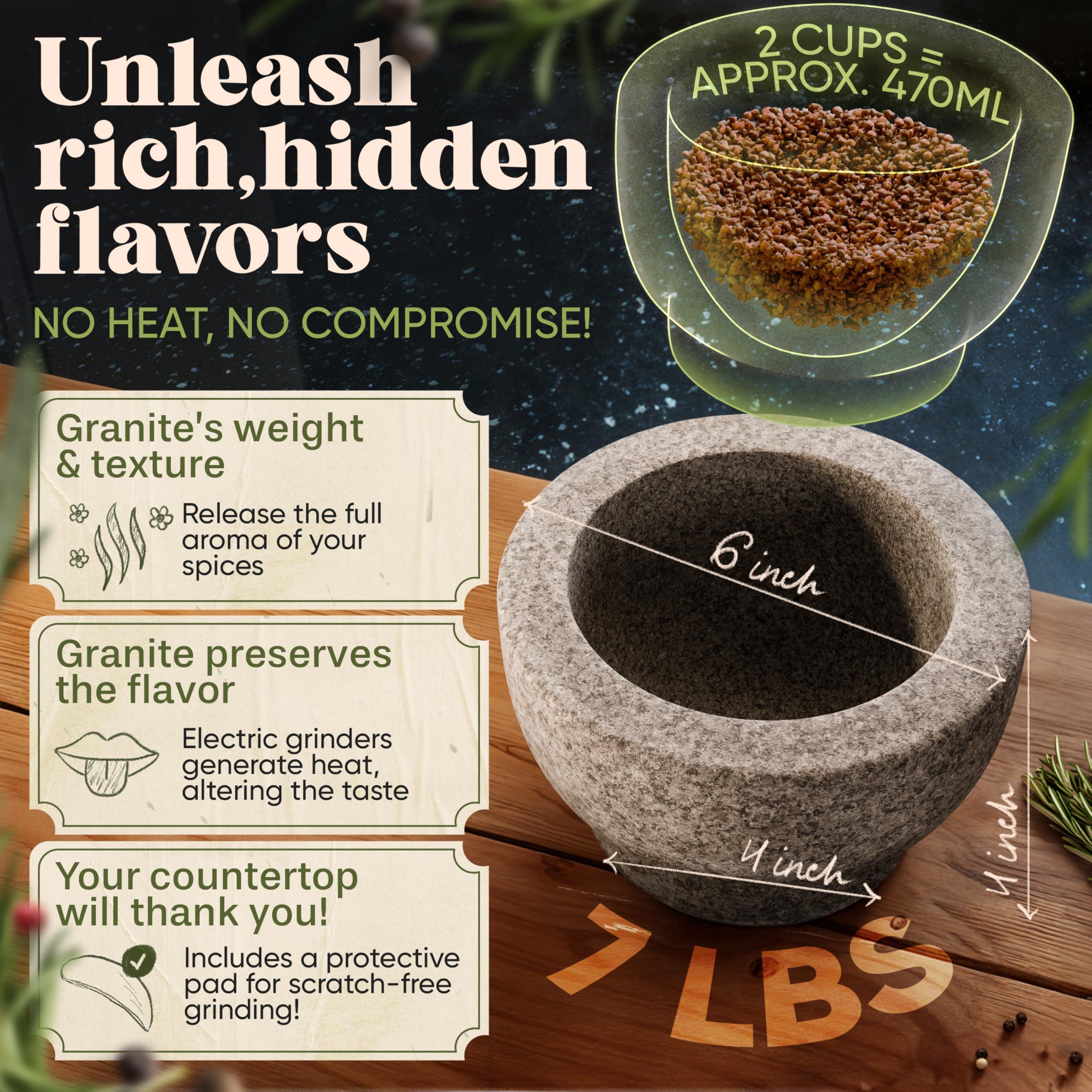 ChefSofi Mortar and Pestle Set - 6 Inch - 2 Cup Capacity - Unpolished Heavy Granite for Enhanced Performance and Organic Appearance - Included: Anti-Scratch Protector - Image 2