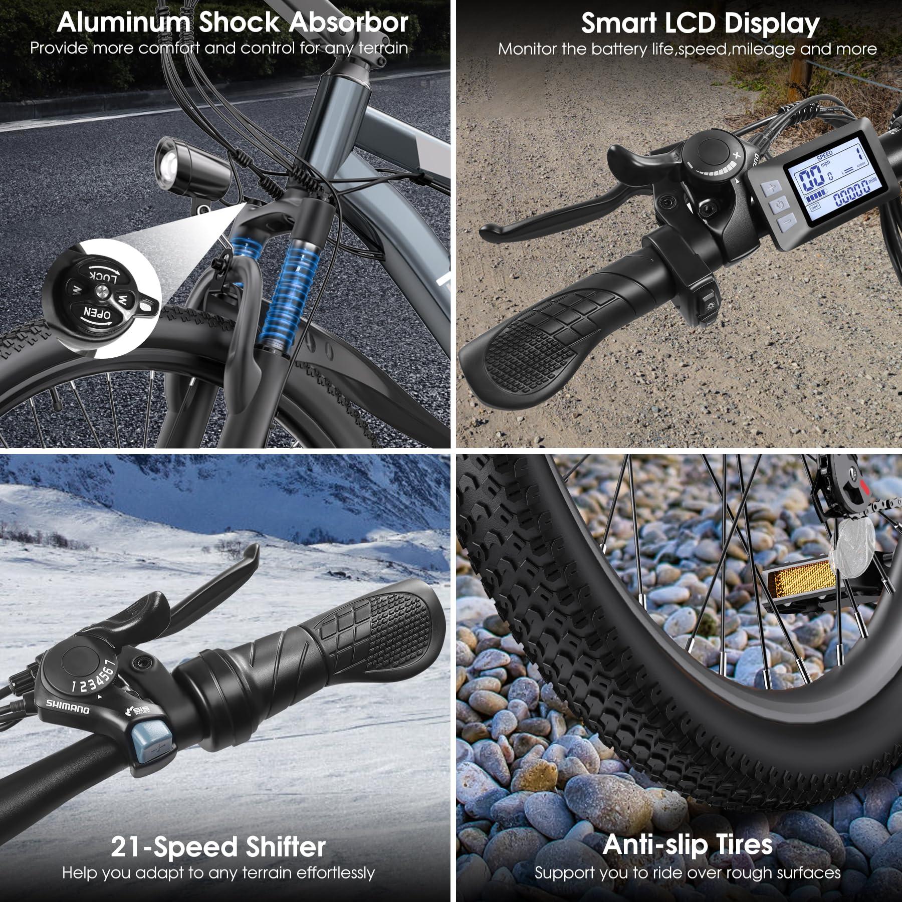 Funhang Electric Bike for Adults, Peak 1000W Ebike, 50Miles 21.7MPH Adult Electric Bicycles, 26" Electric Mountain Bike 48V 374.4WH Battery, Commuter E Bike with Adjustable Stem, Fenders, 21 Speed - Image 6