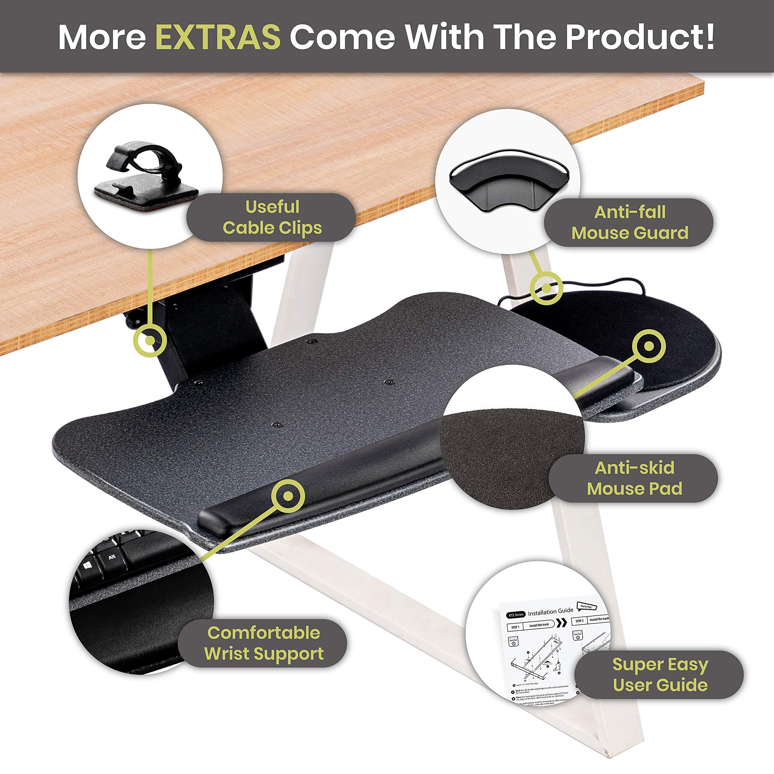 FERSGO Under Desk Keyboard Tray, 20" x 11" Tray, 17.75" Track, One Knob Control, Undermount Sliding Computer Keyboard and Mouse Tray with Wrist Rest, Swivels 360° with Adjustable Height and ±15° Tilt - Image 5