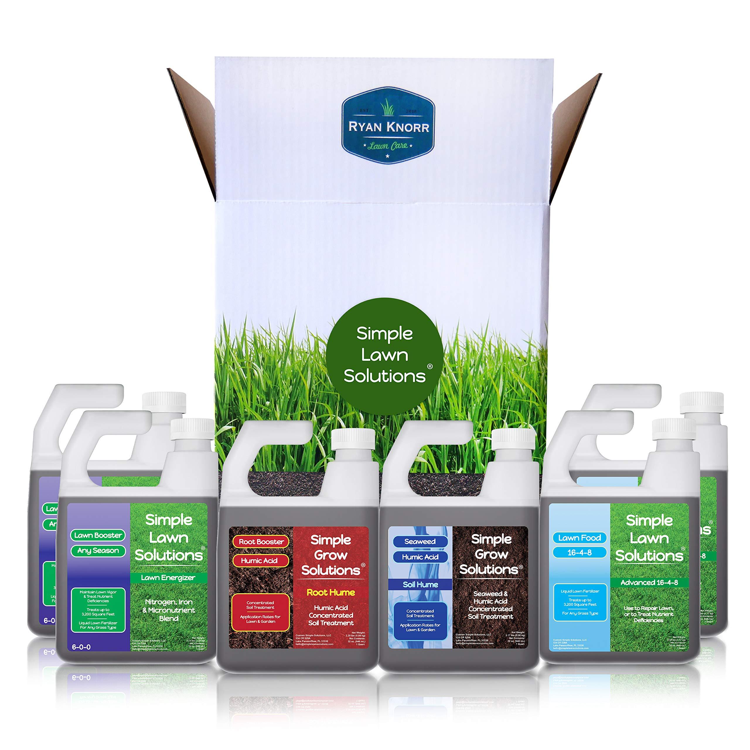Simple Lawn Solutions - Ryan Knorr - Lawn Essentials Bundle Box - 6 Piece Set- Lawn Food 16-4-8 NPK, Lawn Energizer Booster, Root Hume- Humic Acid, Soil Hume- Seaweed, Humic Acid (32 Ounce Bundle)