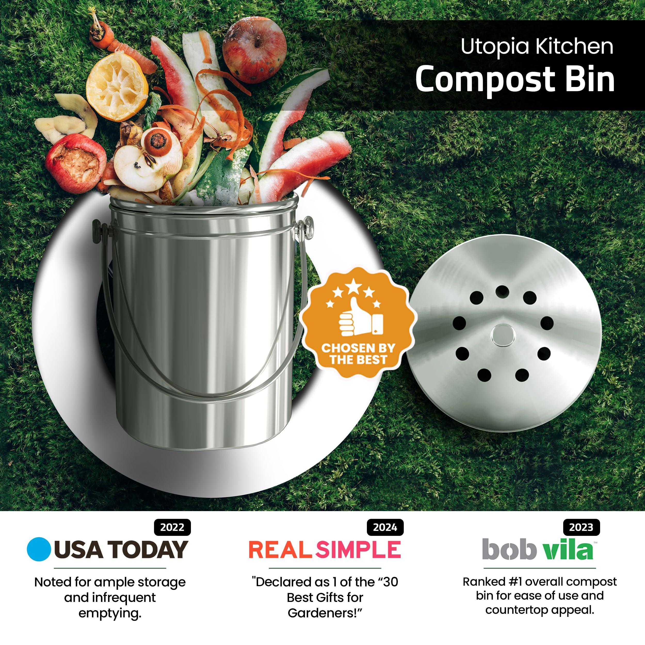 Utopia Kitchen Compost Bin for Kitchen Countertop, 1.3 Gallon Compost Bucket for Kitchen with Lid, Includes 1 Spare Charcoal Filter, Home Essentials - (Silver) - Image 2