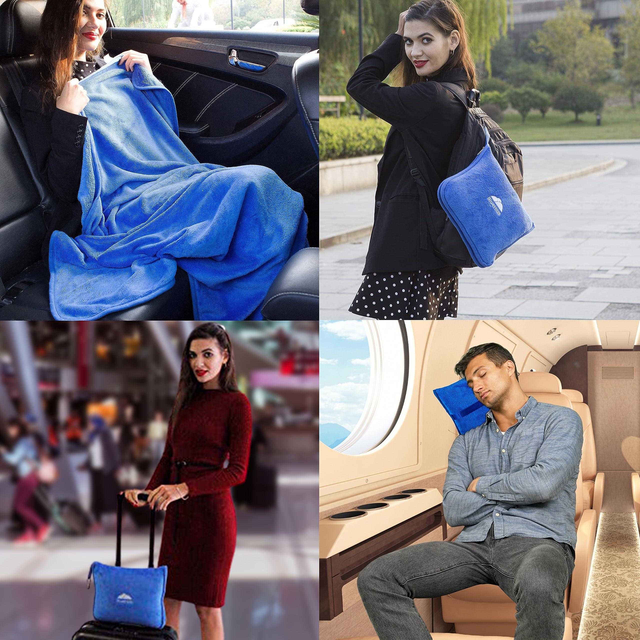 BlueHills 2-Pack Premium Soft Travel Blanket Pillow Airplane Blanket in Soft Bag Pillowcase with Hand Luggage Belt and Backpack Clip, Compact Pack Large Blankets for Any Travel Royal Blue T015 - Image 4