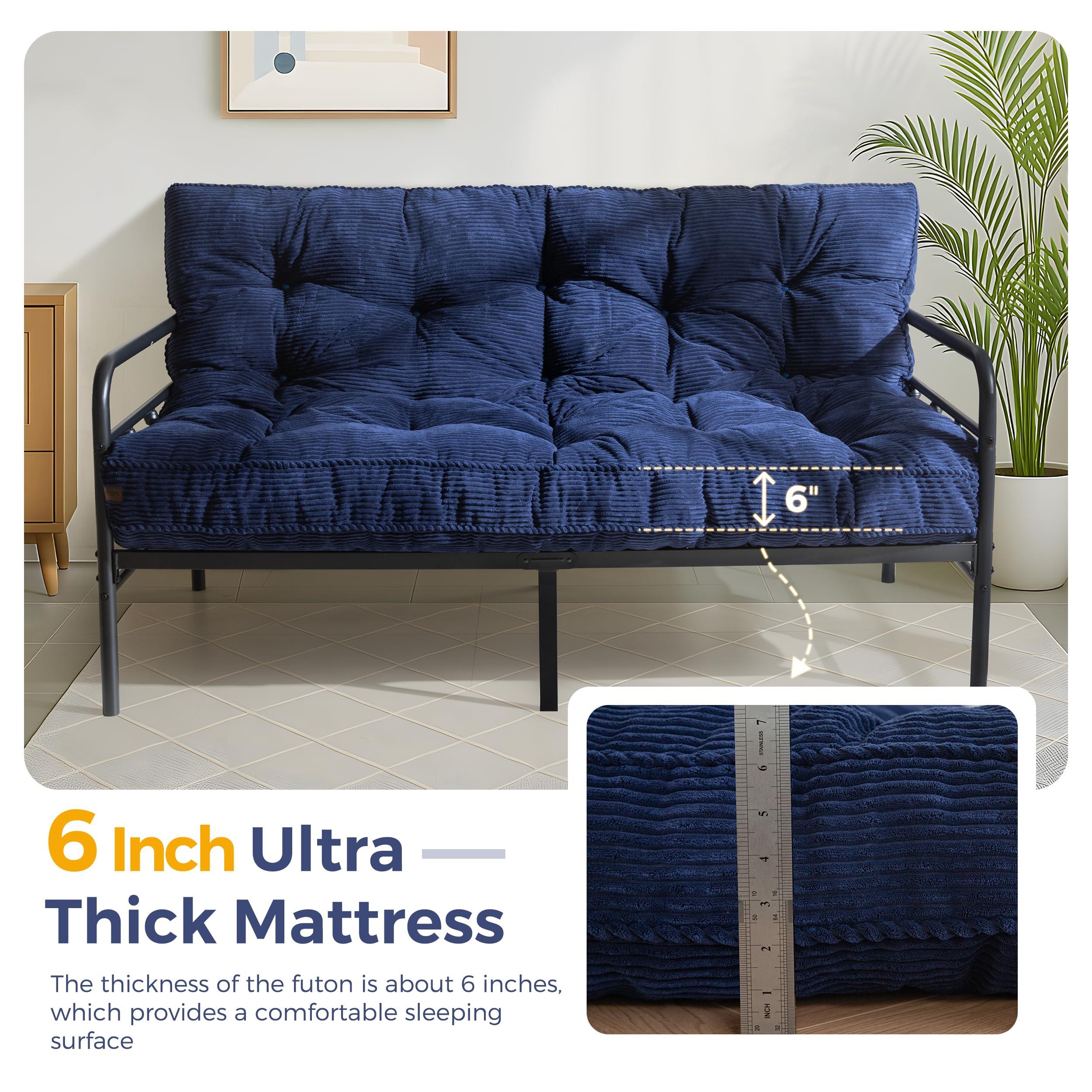 MAXYOYO 6" Futon Mattress Full Size, Tufted Futons Sofa Couch Bed with Twisted Rope Design Edging, Thick Corded Fabric Floor Mattress for Adults, Shredded Foam Filling (Frame Not Included), Navy - Image 7