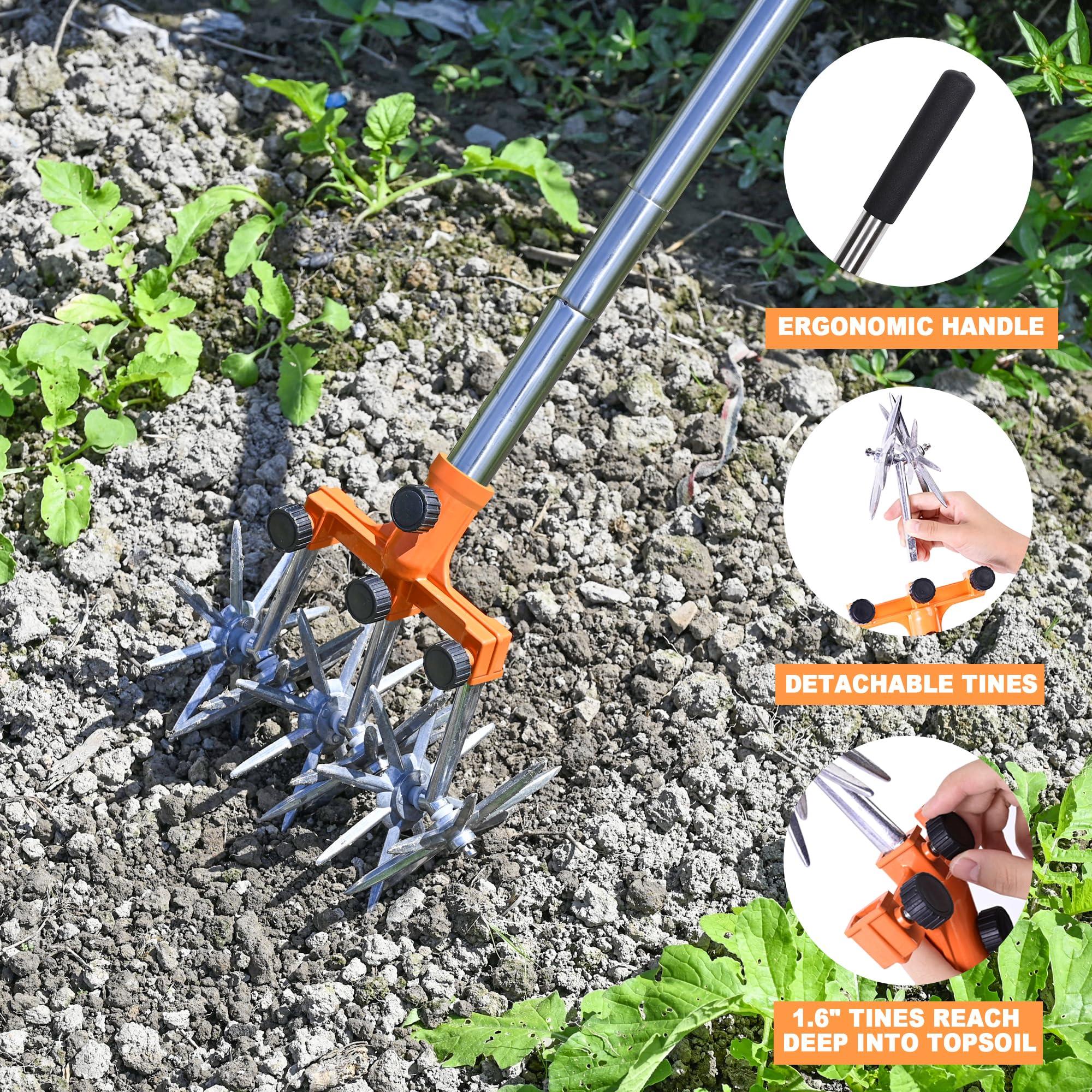 BARAYSTUS Rotary Cultivator Garden Rotary Tiller Adjustable Stainless Steel Poles Hand Tiller for Soil Mixing or Reseeding Grass Lawn Tiller Total Length 57 Inch - Image 6