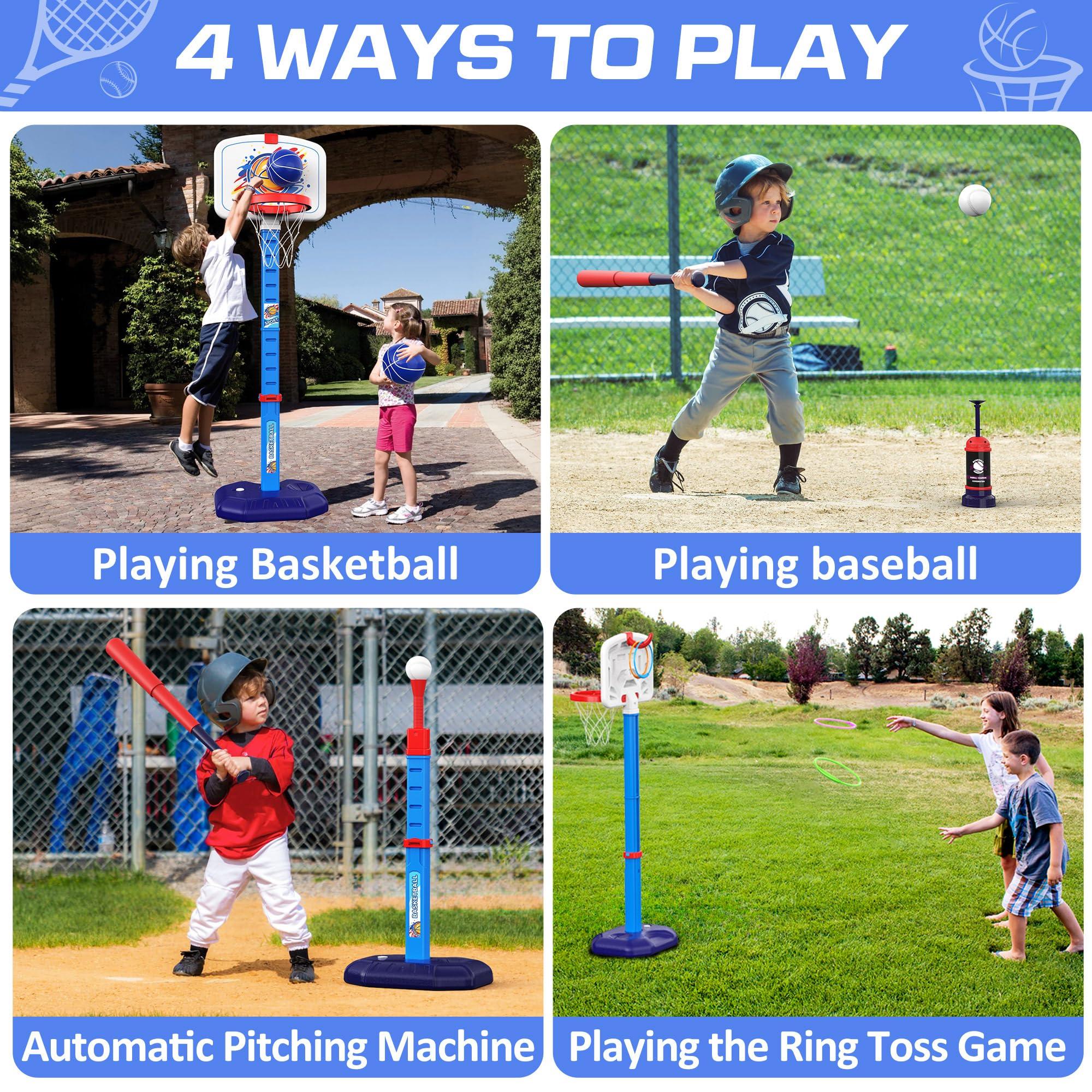 4 in 1 Kids Basketball Hoop and T Ball Set & Ring Toss Game Blue&Pink - Image 2