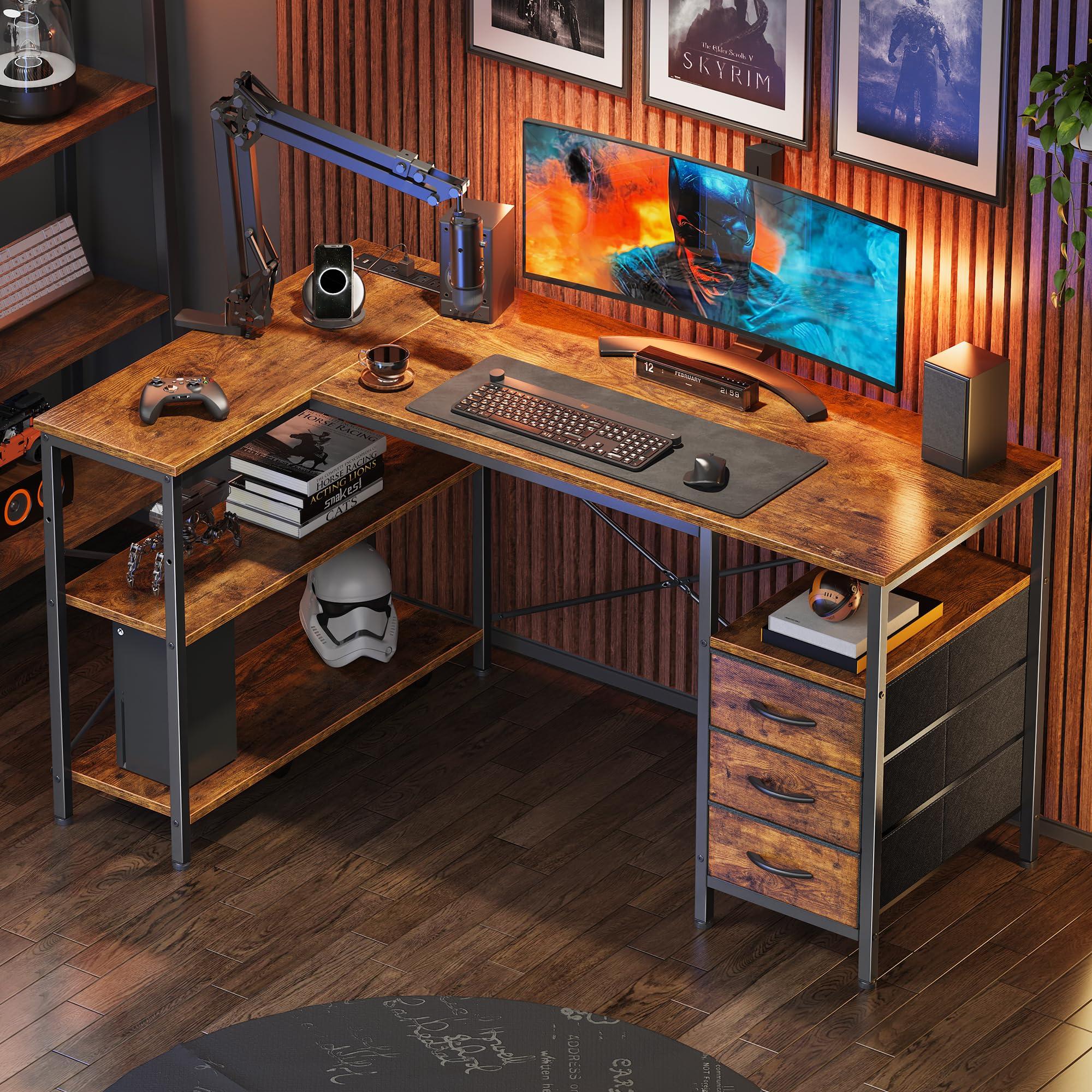 Huuger L Shaped Office Desk with Power Outlets, 47 Inch Computer Desk with 3 Drawers, Shelves, for Gaming, Corner Work, Home Office, Study, Rustic Brown - Image 8