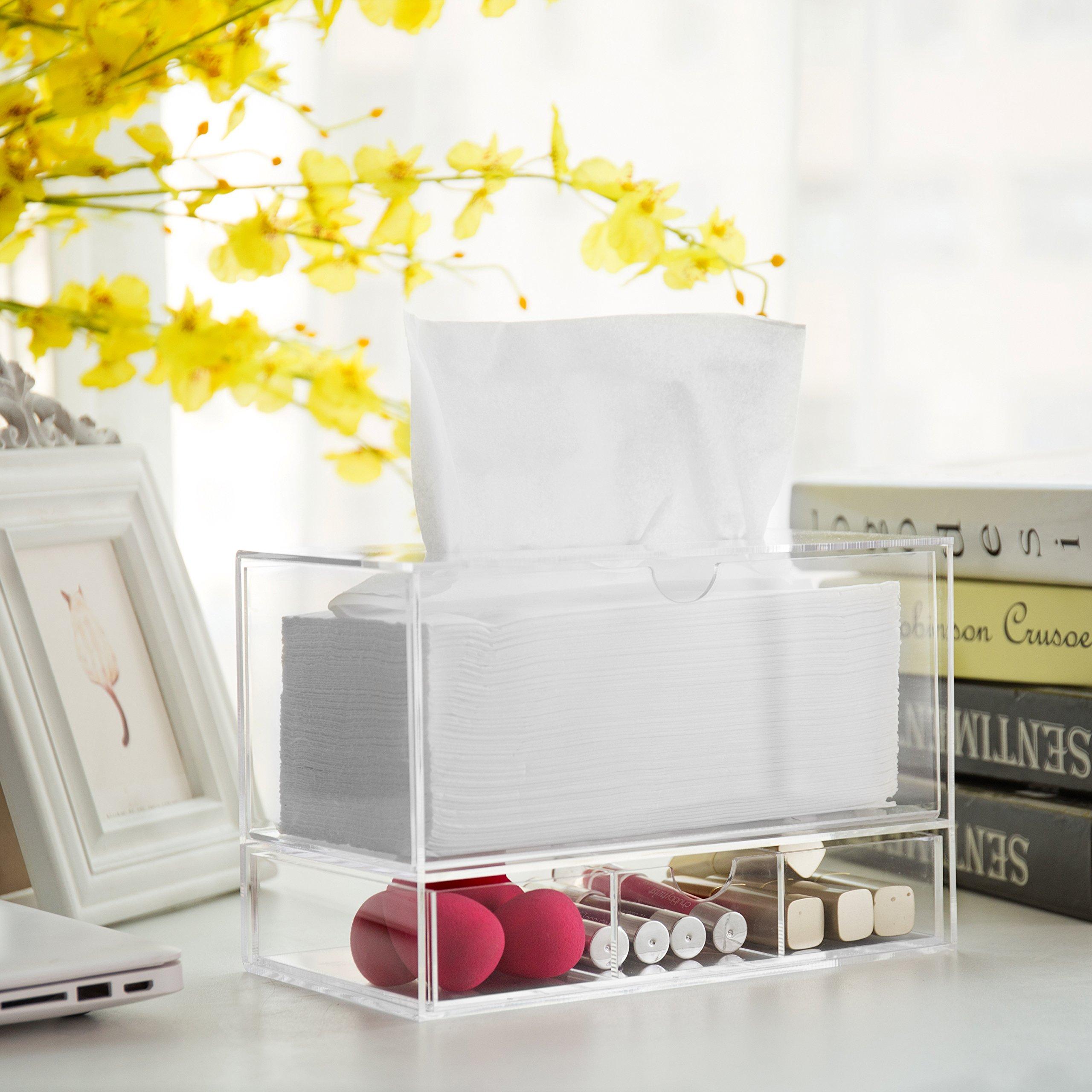 Modern Clear Acrylic Facial Tissue Dispenser Holder with Pull-Out Drawer for Makeup Cosmetics and Accessories, Vanity Countertop Bathroom Supplies Caddy - Image 2