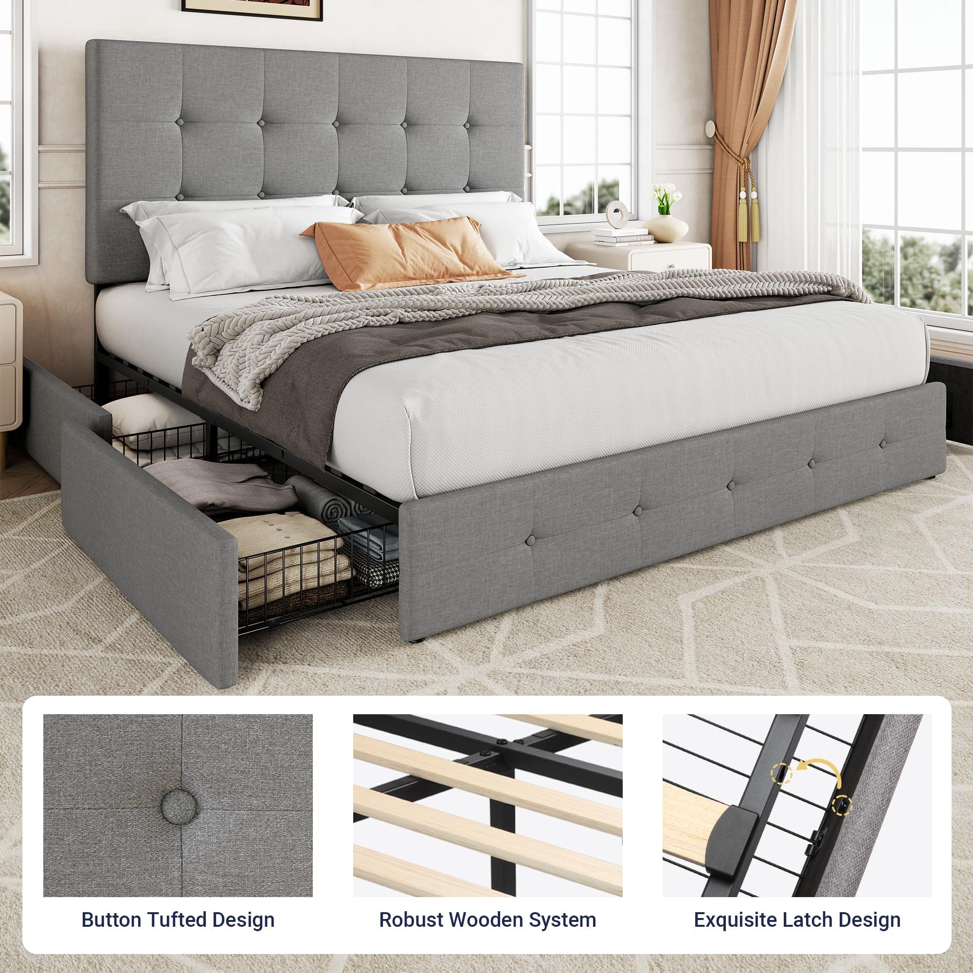 Allewie Upholstered Queen Size Platform Bed Frame with 4 Storage Drawers and Headboard, Square Stitched Button Tufted, Mattress Foundation with Wooden Slats Support, No Box Spring Needed, Light Grey - Image 6