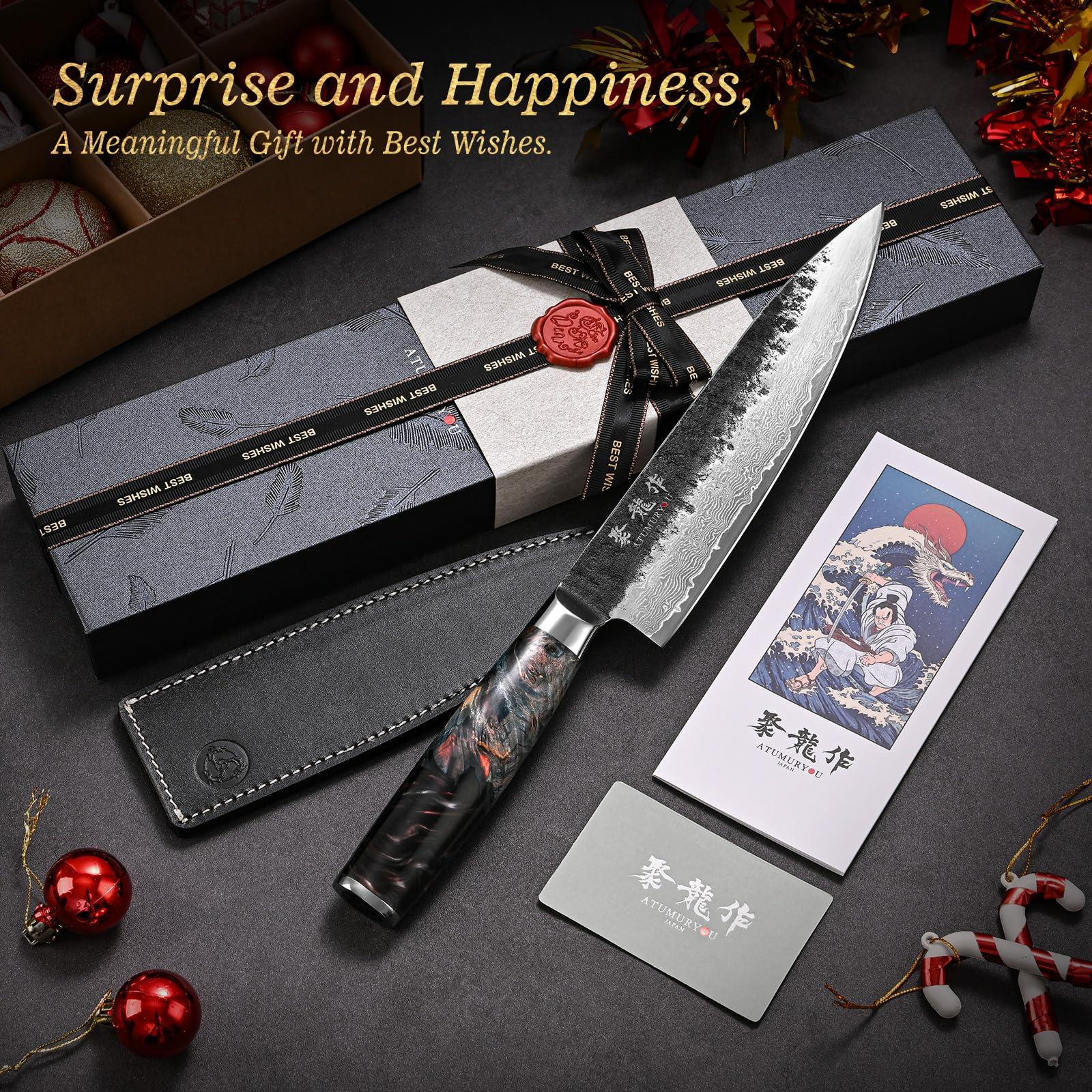 Japanese Chef Knife, 8 Inch Damascus Kitchen Knife with VG10 Steel Core, Professional Black Forged Kitchen Knives with Ergonomic Handle, Leather Sheath & Luxury Gift Box, Birthday Gifts for Men Women - Image 2