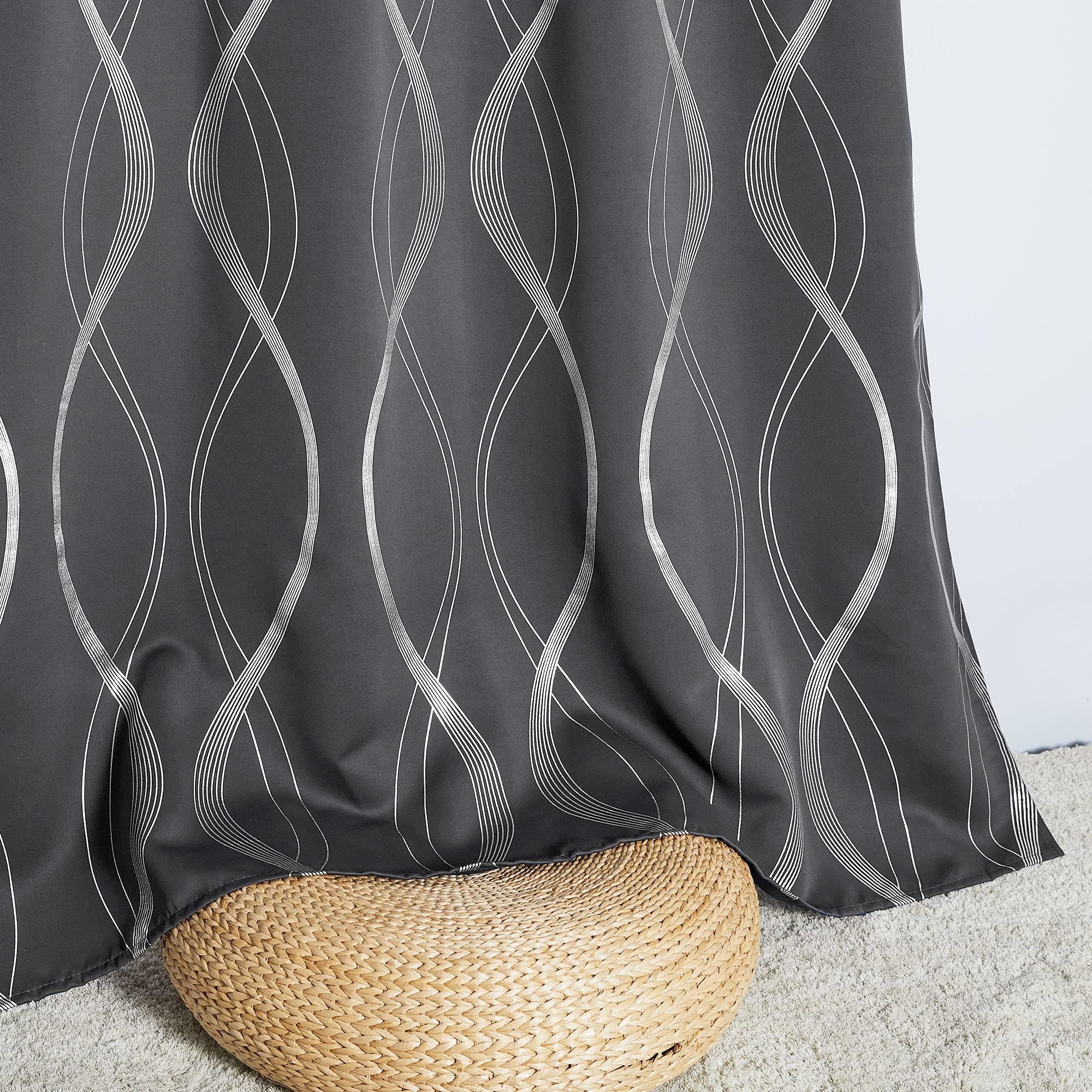 NICETOWN Grey Blackout Curtains for Bedroom/Living Room 84 inch Length 2 Panels Set, Noise Reducing Thermal Insulated Wave Line Foil Print Drapes for Patio Sliding Glass Door (52 x 84) - Image 5