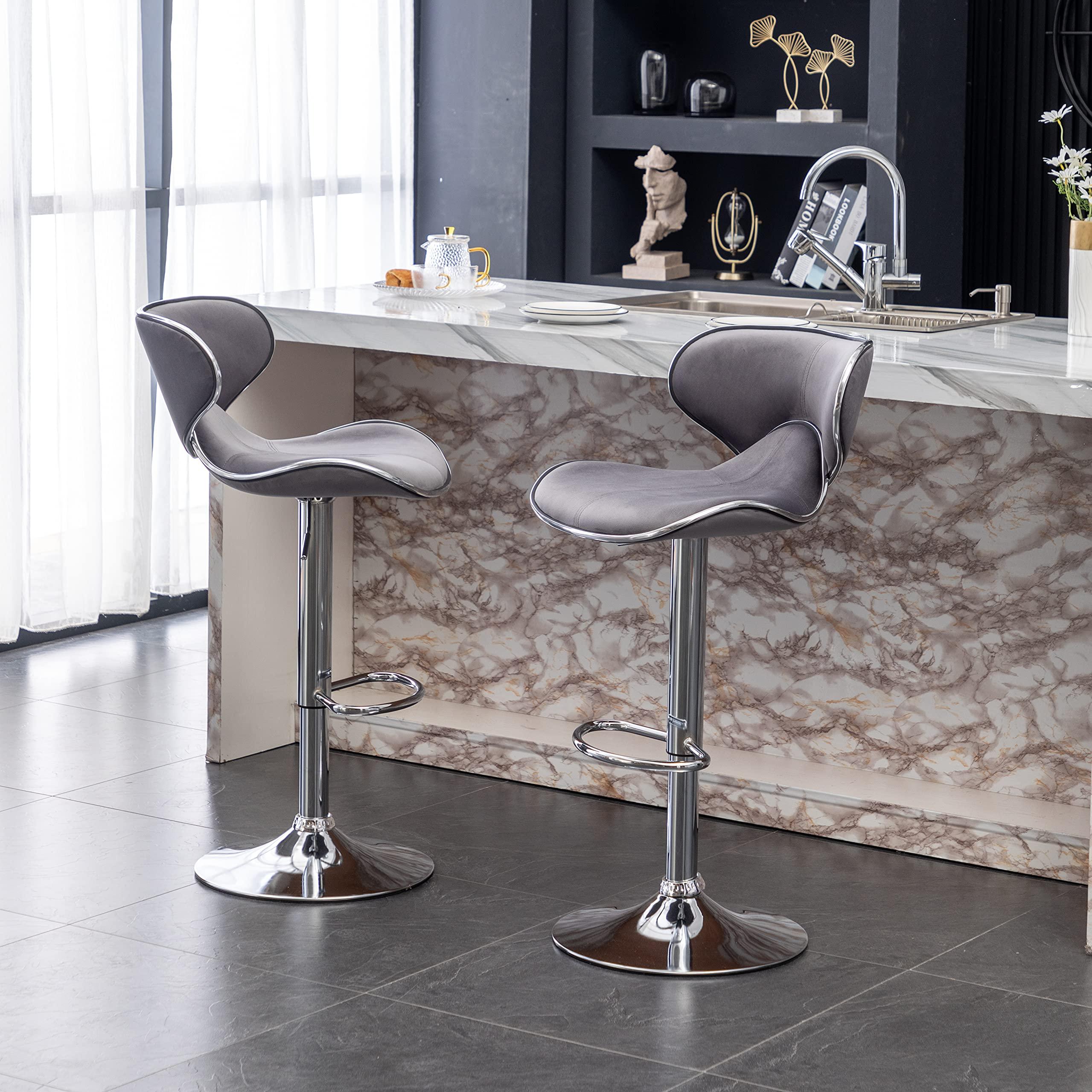 Roundhill Furniture Masaccio Velvet Upholstered Adjustable Swivel Barstool, Set of 2, Gray - Image 6