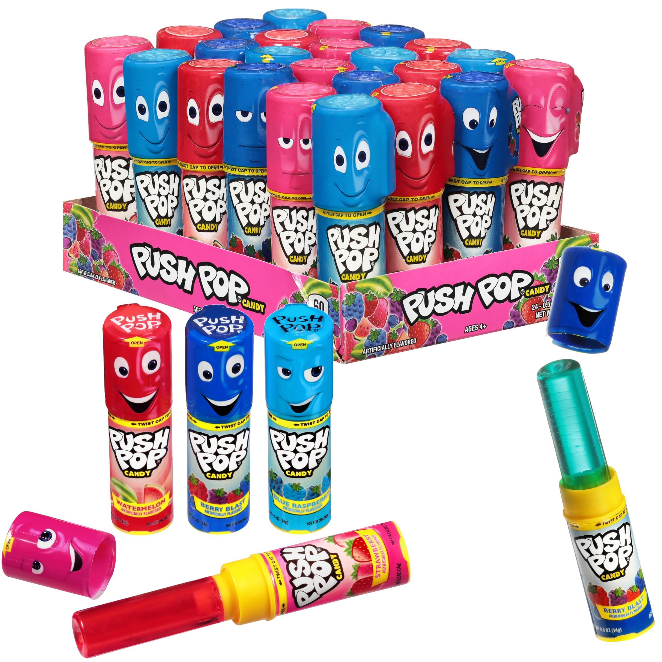 Push Pop Candy Variety Pack, Bulk Candy Individually Wrapped for Party Favors, 24 Count Variety Lollipops, Fun Push Pop Lollipop Gift Baskets, Goodie Bag Gifts & Birthday Kids Party Favors