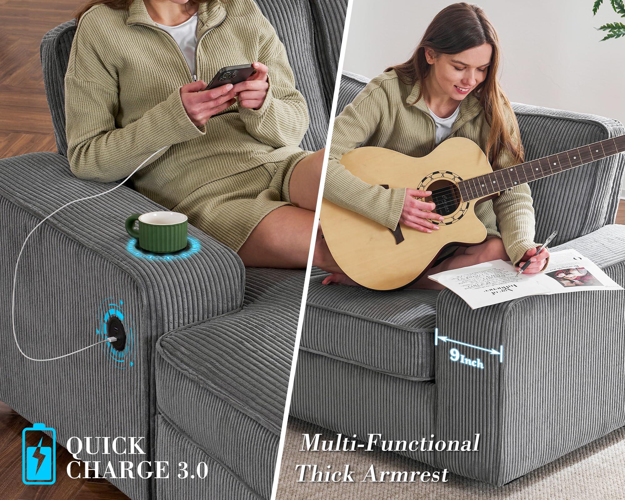 PaPaJet U Shaped Couch, 112 Inch Oversized Couch with Storage Chaise, Sectional Sofa with Cup Holders & 2 USB Ports, Corduroy Grey Sofa Couch - Image 3