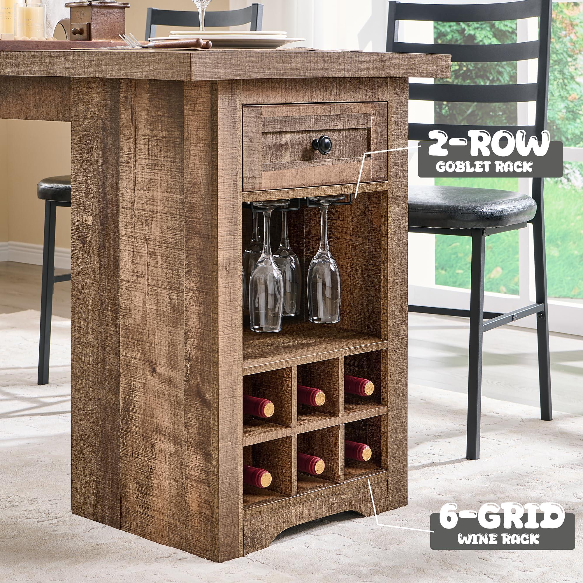 ACCOHOHO Farmhouse Dining Table Set for 4, 55" Large Kitchen Table Set with 2 Chairs and Bench, Rustic Wood Dining Bar Table with Drawer and Wine & Galsses Rack (Light Brown) - Image 4