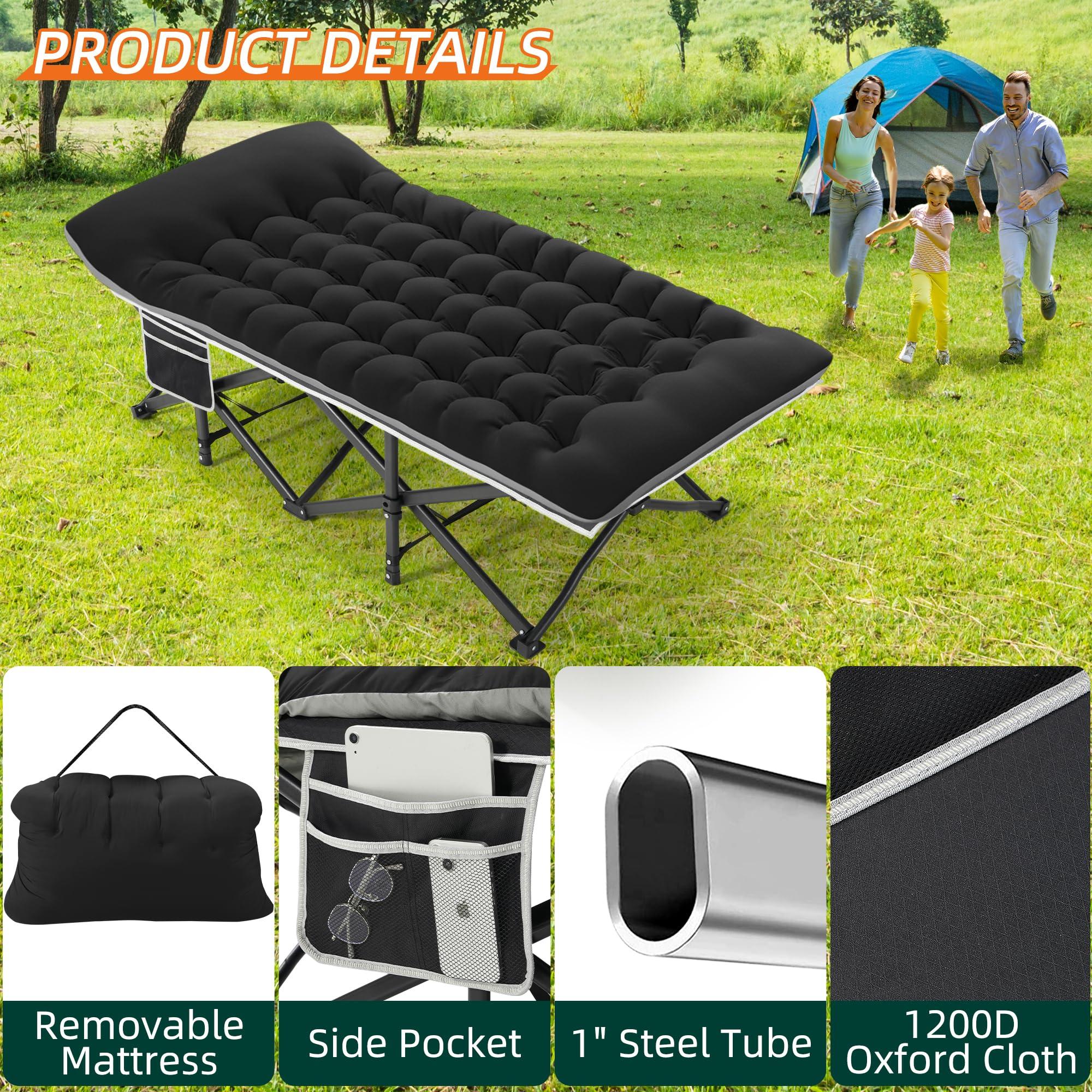 Fragess Portable Camping Cot, 32" Extra Wide Camping Cots for Adults with Thick Mattress, Heavy Duty Sleeping Cot Holds Up to 600LBS, Cots for Sleeping, Rv, Beach, Patio, Office Naps(Black) - Image 4