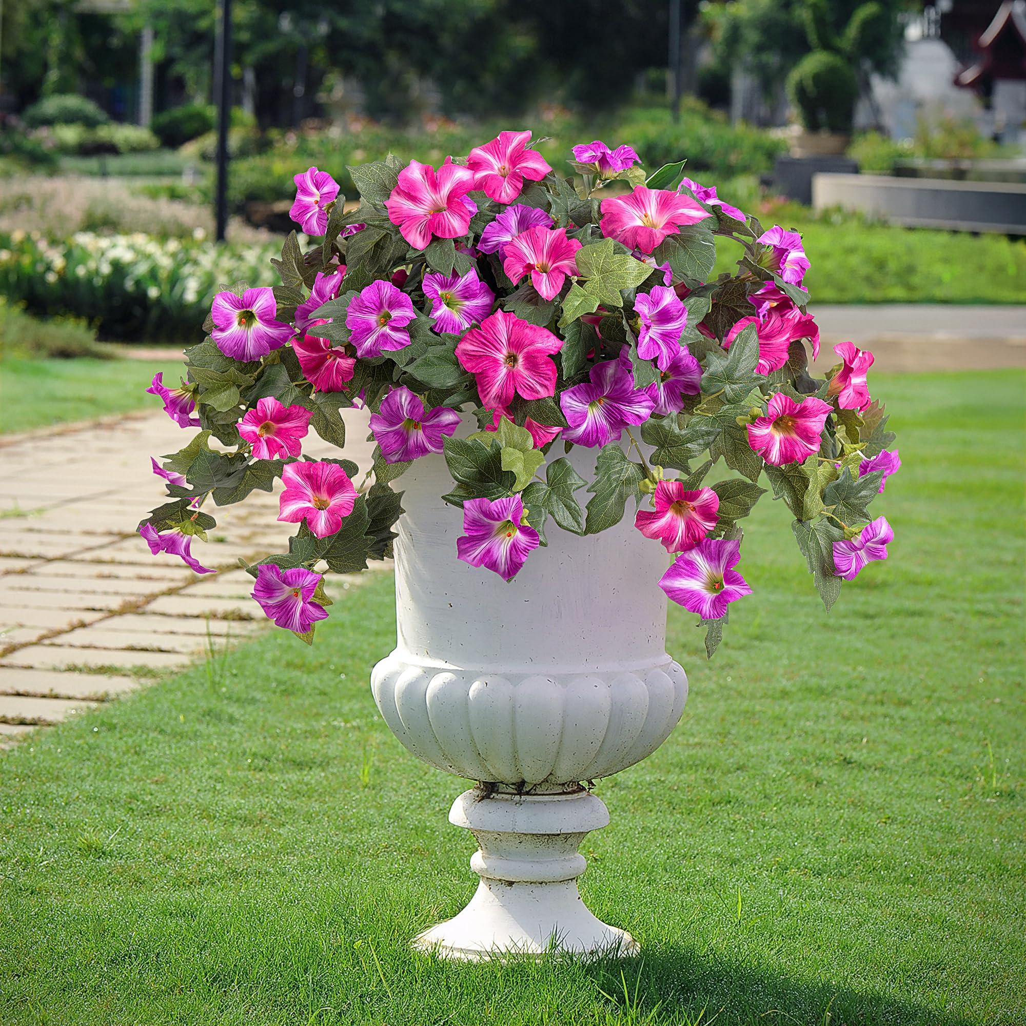 Ammyoo Artificial Fake Flowers Plants for Outdoor Decoration, 2PCS Spring Faux Petunias Silk Flower UV Resistant No Fade Floral for Home Garden Balcony Yard Porch Realistic Indoor Decor (Red Lotus) - Image 7