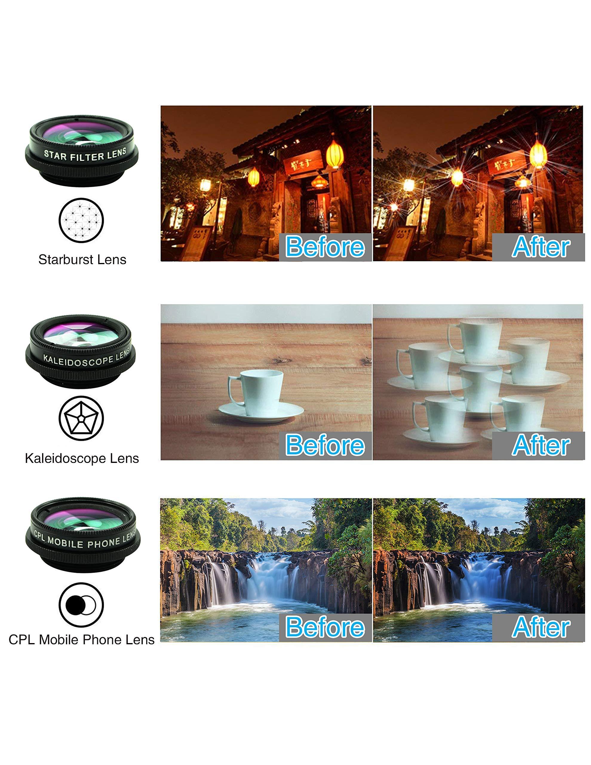Cell Phone Camera Lens Kit,11 in 1 Universal 20x Telephoto 0.63Wide Angle 15X Macro 198°Fisheye 2X Telephoto Kaleidoscope CPL Starlight Eyemask Tripod,for Most iPhone Smartphone (Black) - Image 6