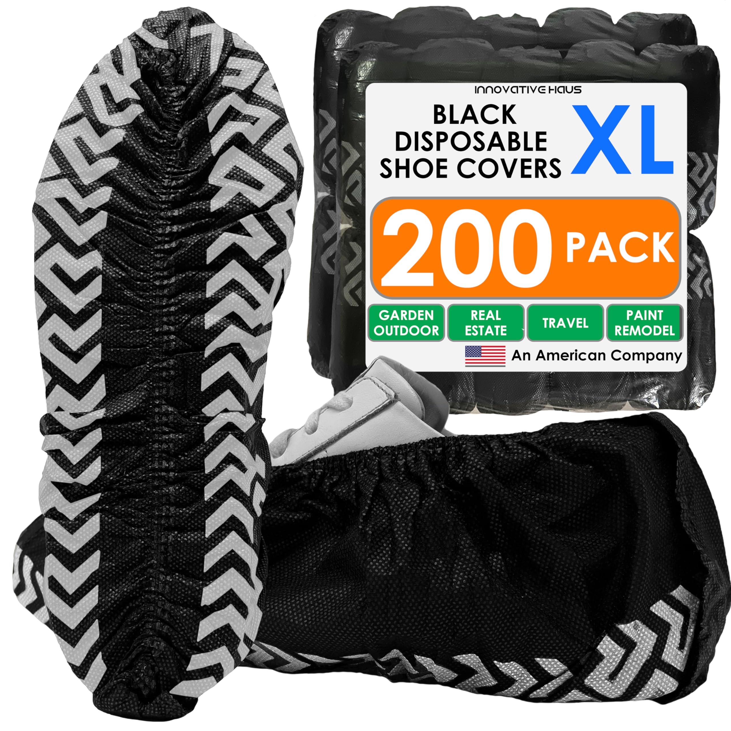 Innovative Haus 200 Pack (100 Pairs) Black Extra Large Disposable Boot and Shoe Covers Disposable - Indoors Reusable Booties for Shoes Covers - Non Slip Treads - Fits US Men's 14 and Women's 16