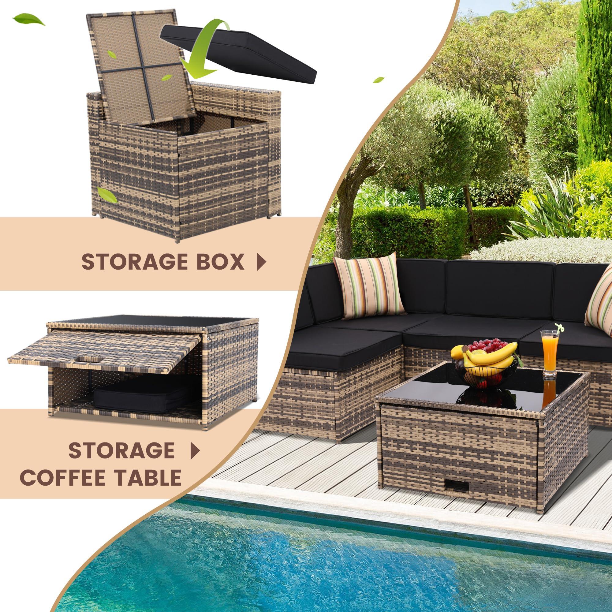 KROFEM 8 Piece Outdoor Wicker Patio Furniture Sectional Set, Glass Top Table with Hidden Storage, Includes 7 Seating Components, Natural Rattan with Black Overstuffed Cushions - Image 5
