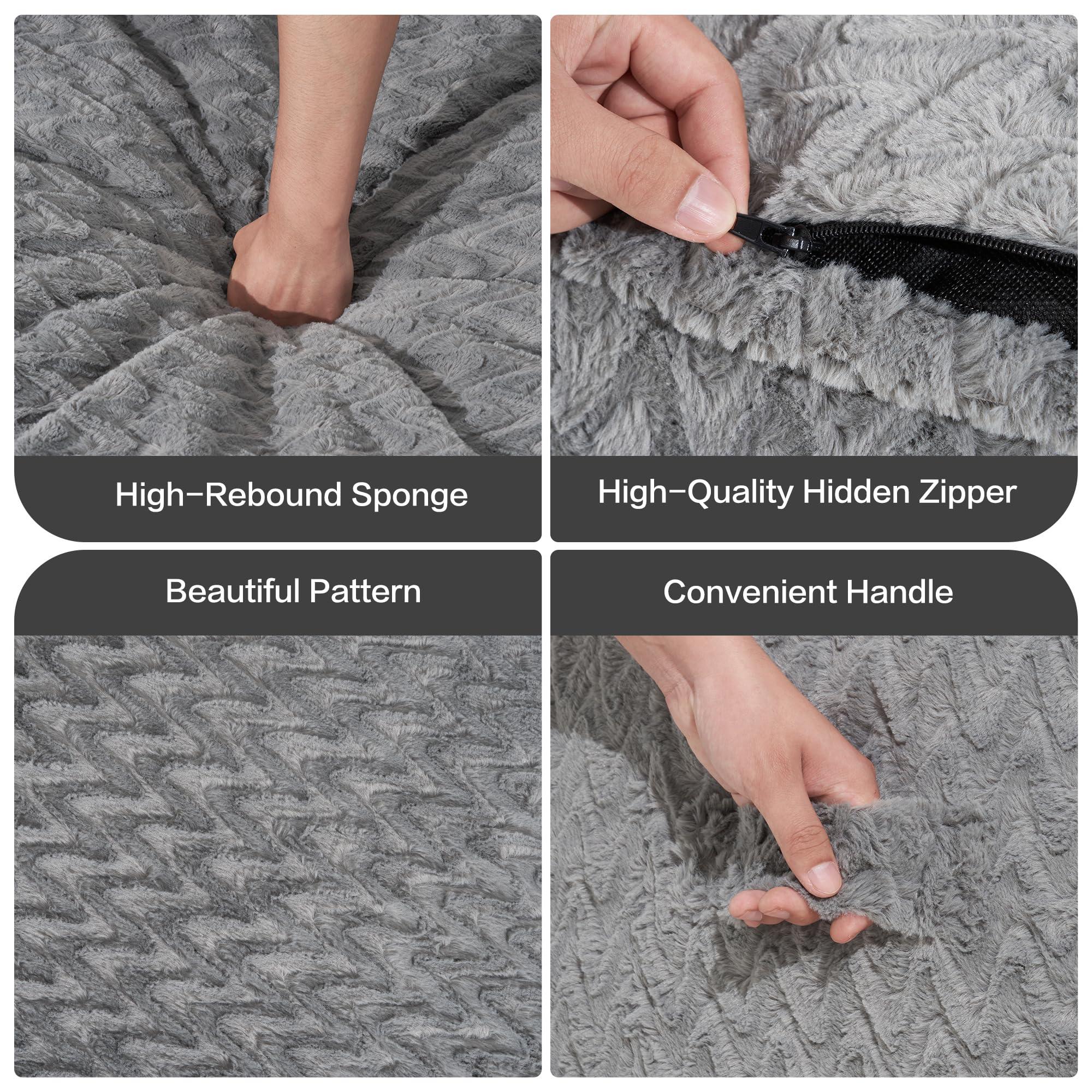 Hobestluk 6ft Bean Bag Chairs for Adults Large Beanbag Chair with Chevron Plush Fur Cover Big Bean Bag Chair for Living Room Bedroom Dorm Office - Grey (70" x 70" x 15") - Image 4