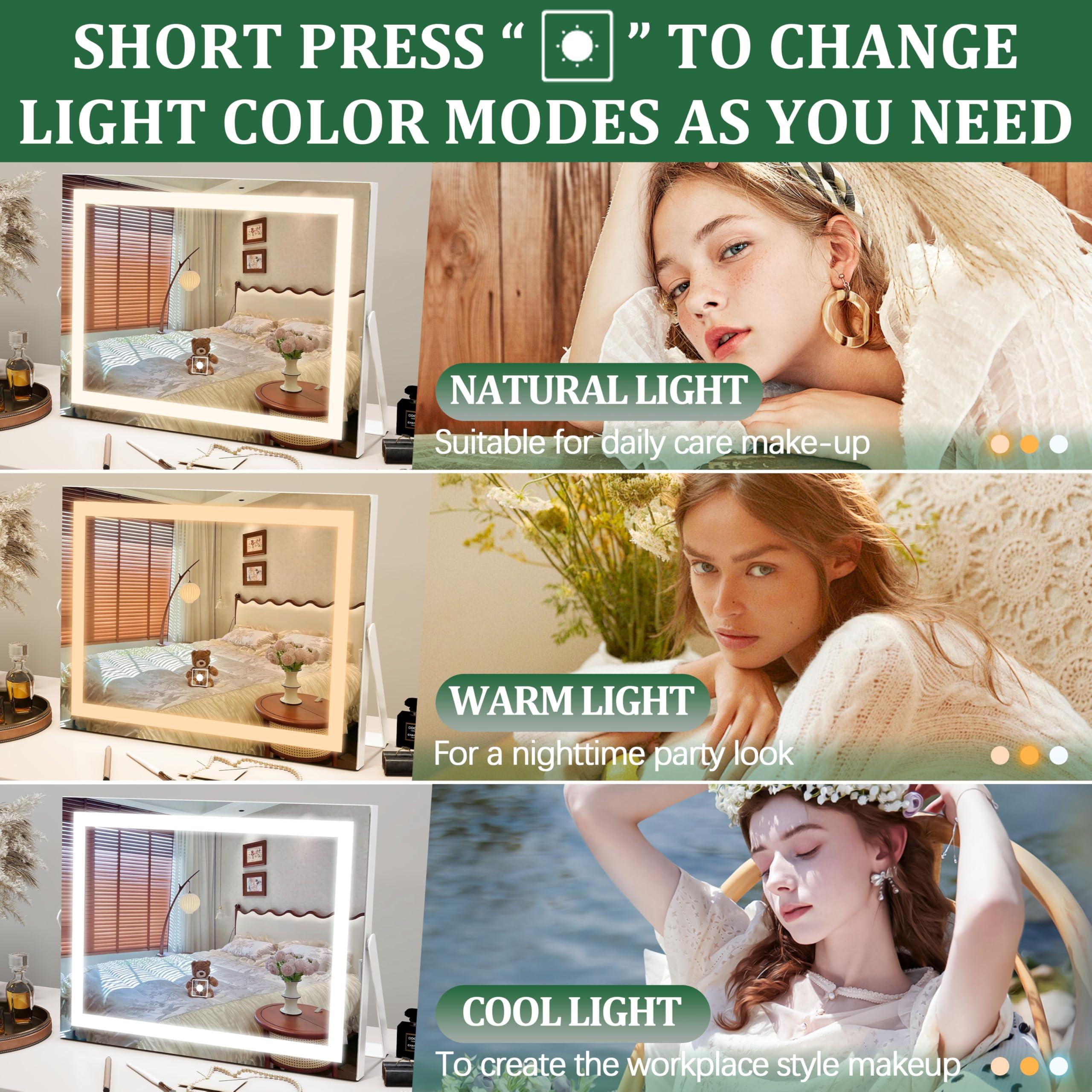 ROLOVE Vanity Mirror with Lights, 14" x 11" LED Makeup Mirror, 3 Modes Light, Smart Touch Control Dimmable, 10X Magnification, 360°Rotation, Square Corner Rectangle, White - Image 3