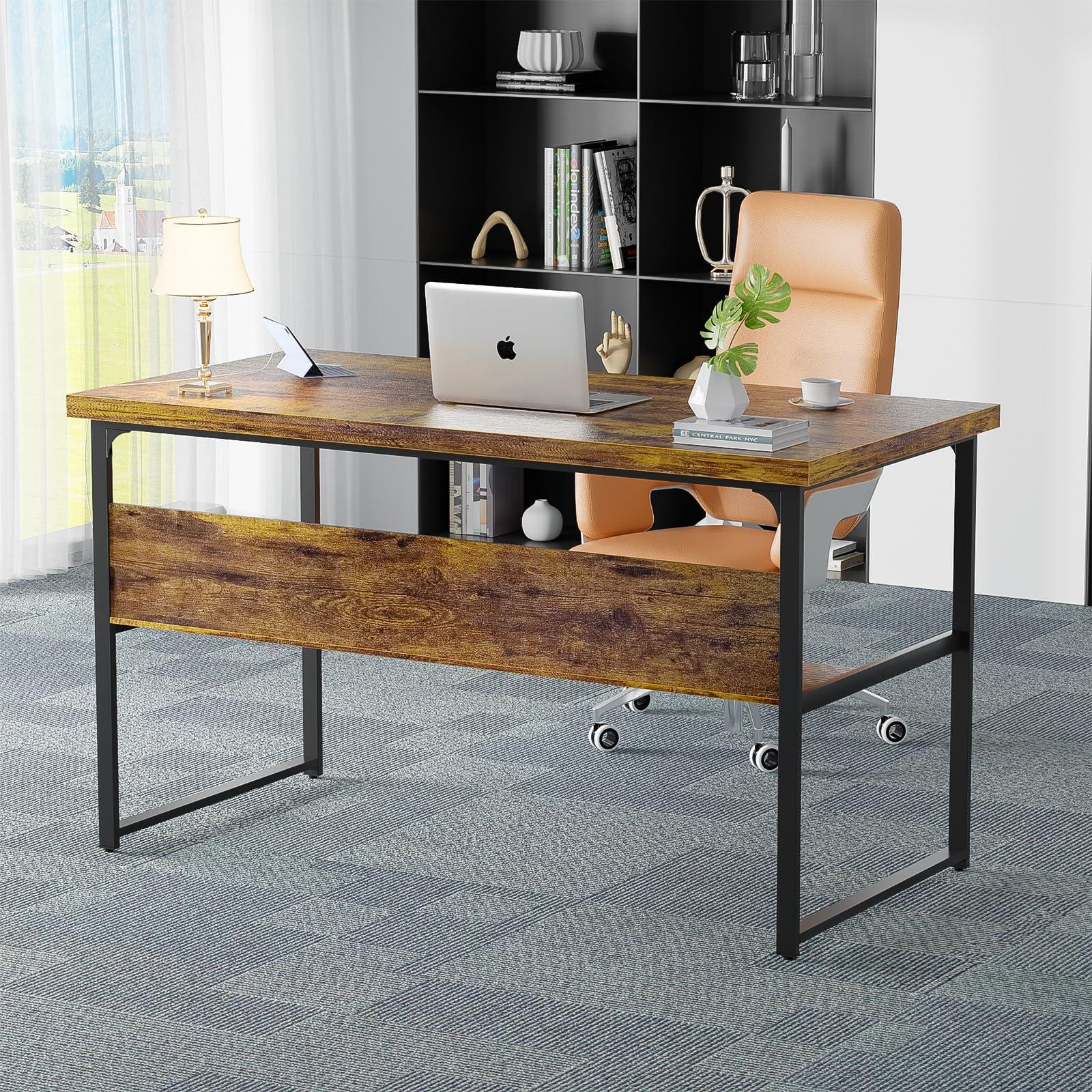 Unikito Computer Desk with Power Outlets, Executive Desk with Extra Thick Tabletop, Computer Office Desk Workstation with Bookshelf, Modern Simple Study Writing Table for Home Office, Rustic Brown - Image 6