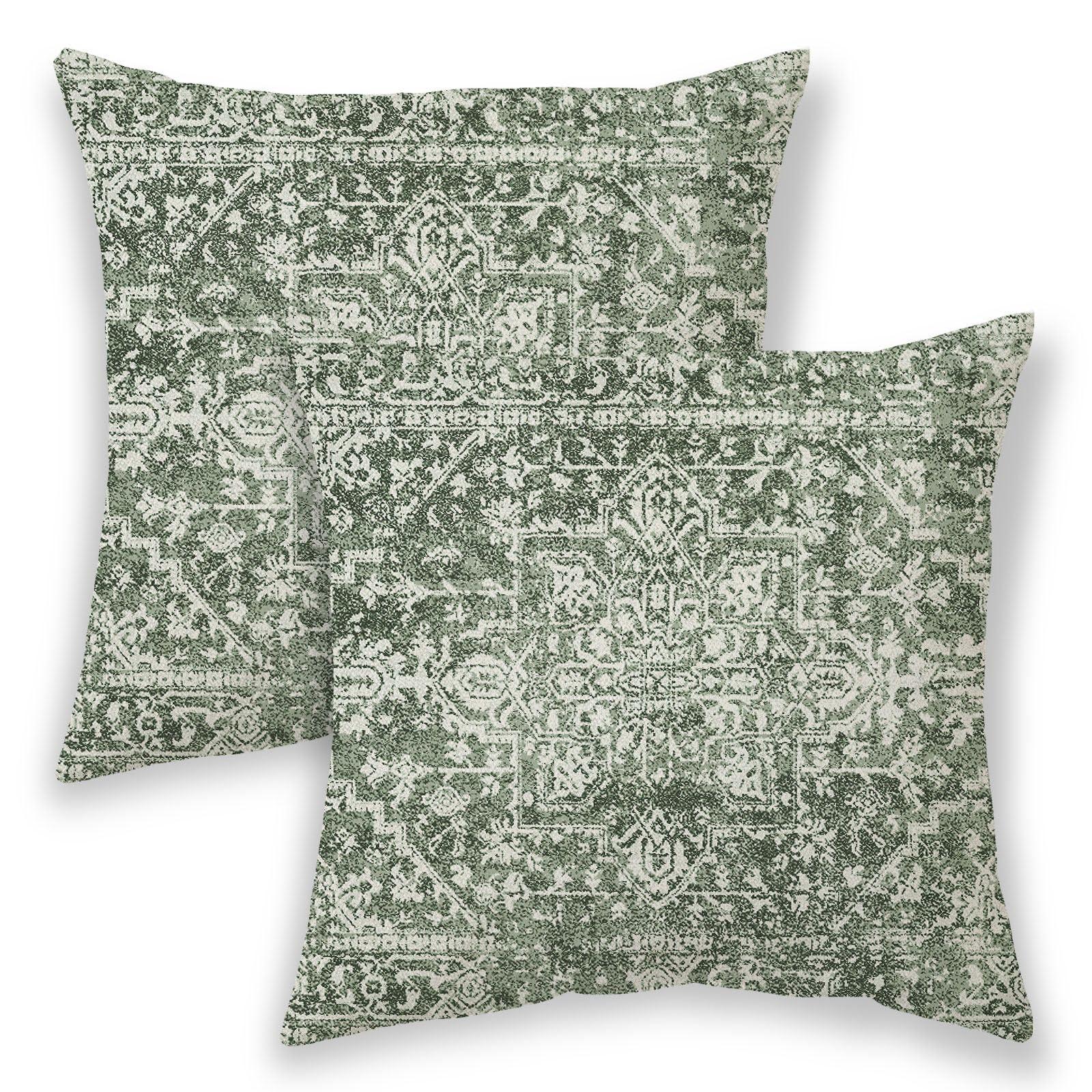 BETGINY Boho Pillow Covers 20x20, Sage Green Cream Ethnic Design Outdoor Decorative Throw Pillows for Couch, Carpet Pattern Decor Cushion Cover 2 Pcs Farmhouse Linen Pillowcase for Bed Car Safa