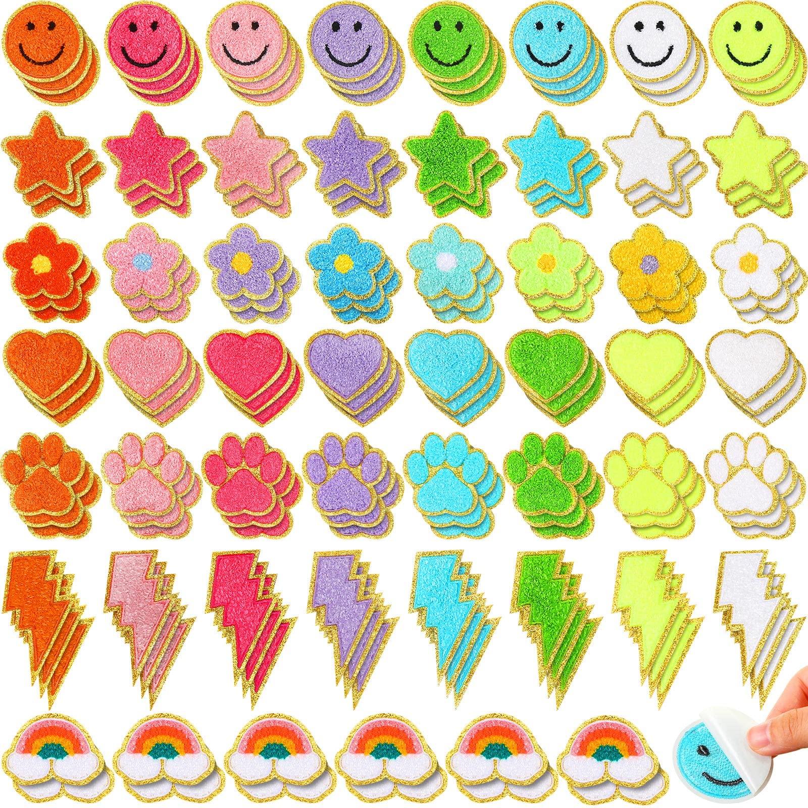 Yilloog 156 Pcs Glitter Self Adhesive Letters Chenille Clothing Patches Embroidered Repair Fuzzy Patches Alphabet Gold Trimmed Preppy Clothing Badges Sewing Appliques(Rainbow, Cute) - Image 8