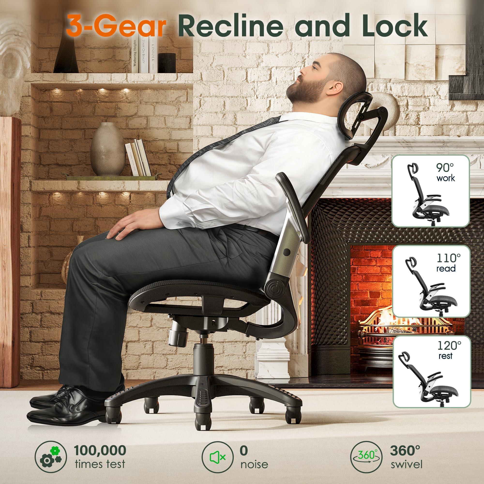 GABRYLLY Ergonomic Office Chair, High Back Home Desk Chair with Headrest, Flip-Up Arms, 90-120° Tilt Lock and Wide Cushion, Big and Tall Mesh Chairs for Man Woman, Black Task Chair - Image 6