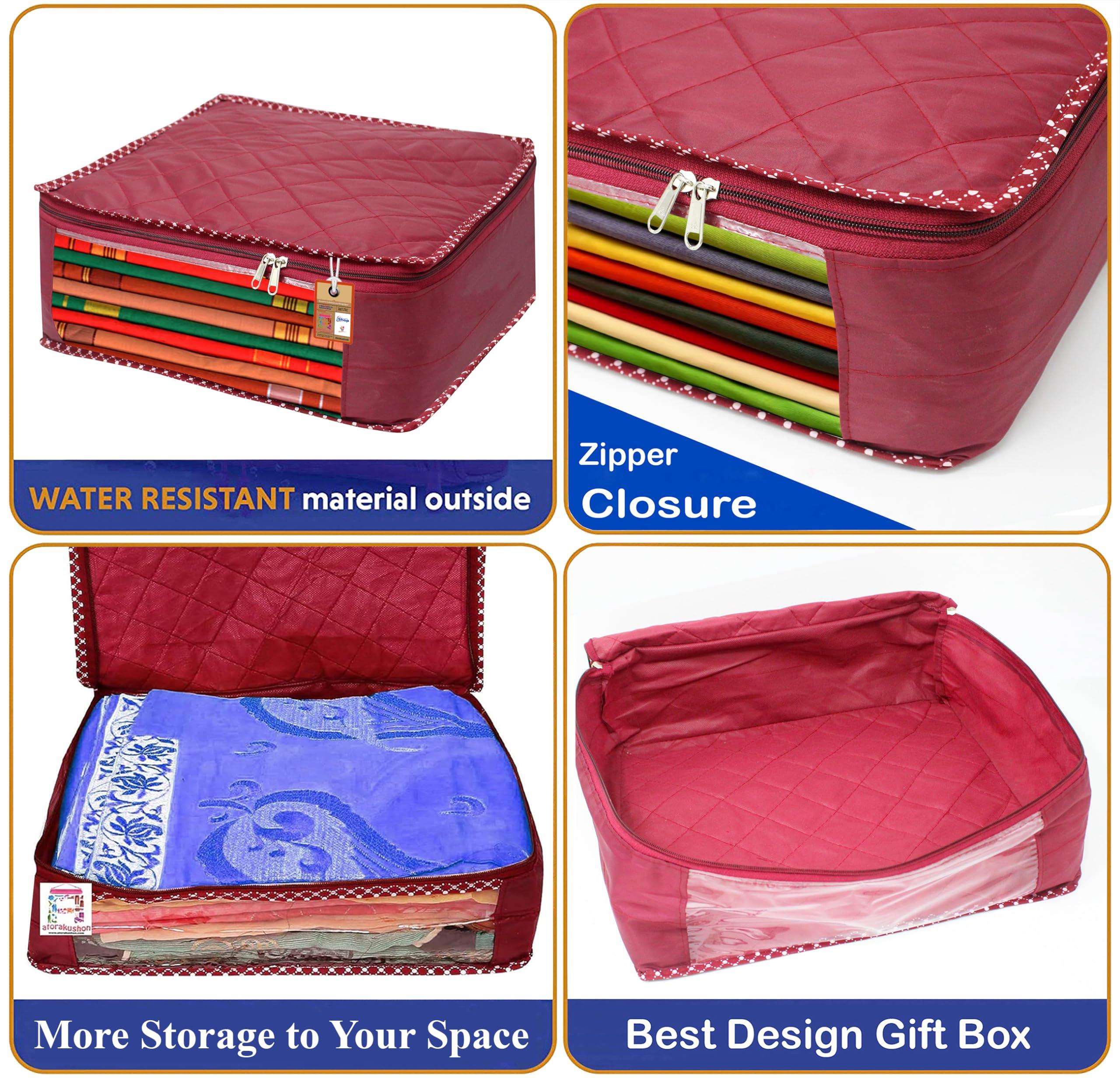 atorakushon Pack of 8 Fabric Foldable Saree Garments Covers Closet Organizer Clothing Storage Bags with Clear Window Sturdy Zipper Maroon - Image 6