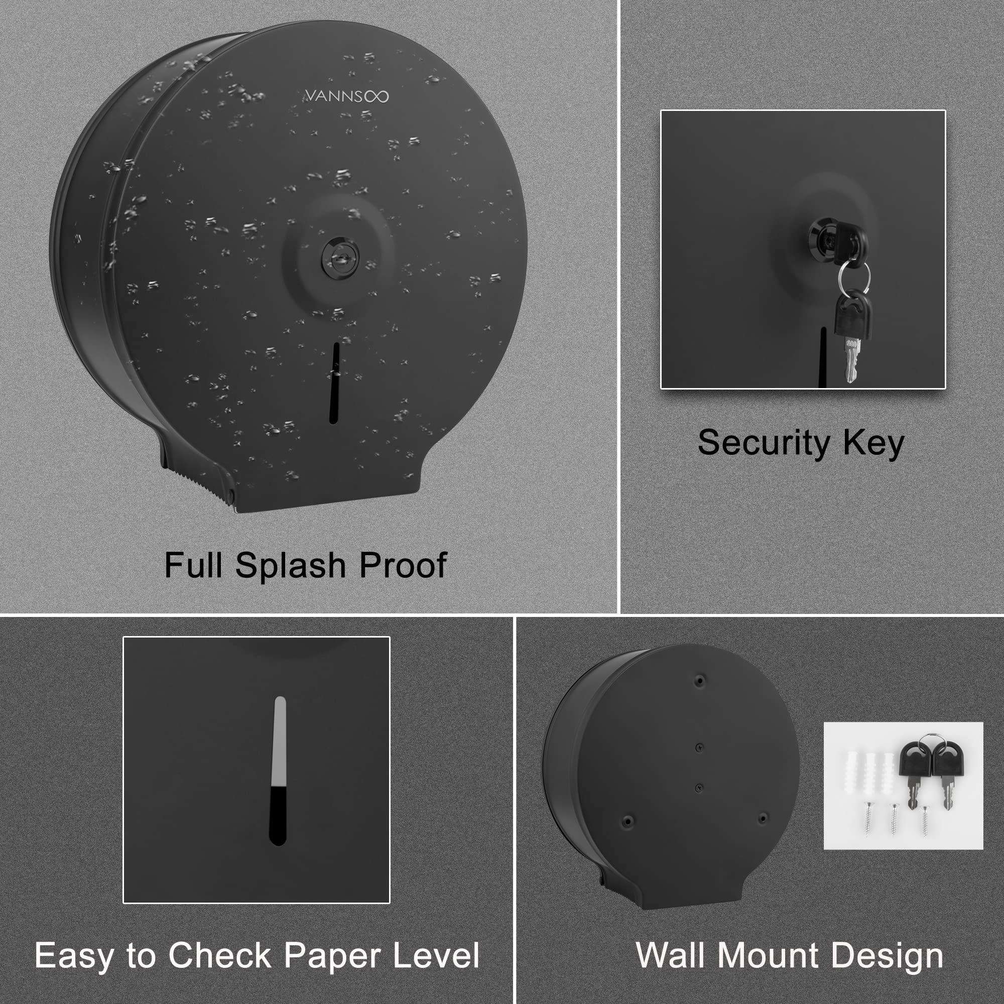 VANNSOO Commercial Jumbo Toilet Paper Dispenser, Wall Mount Stainless Steel 9 Inch Roll Toilet Paper Holder Bath Tissue Dispenser with Lock Key (Black) - Image 6