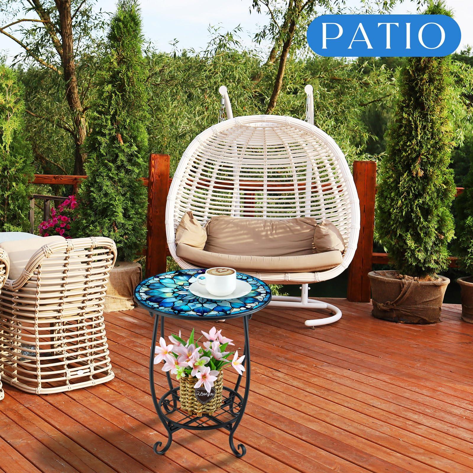 Cinnvoice Outdoor Side Table Round Small Mosaic Patio Accent Indoor End Plant Metal Coffee Tea Table for Yard Porch Garden Patio Living Room, Bedroom(Mandala Flower Style,14 Inch) - Image 4