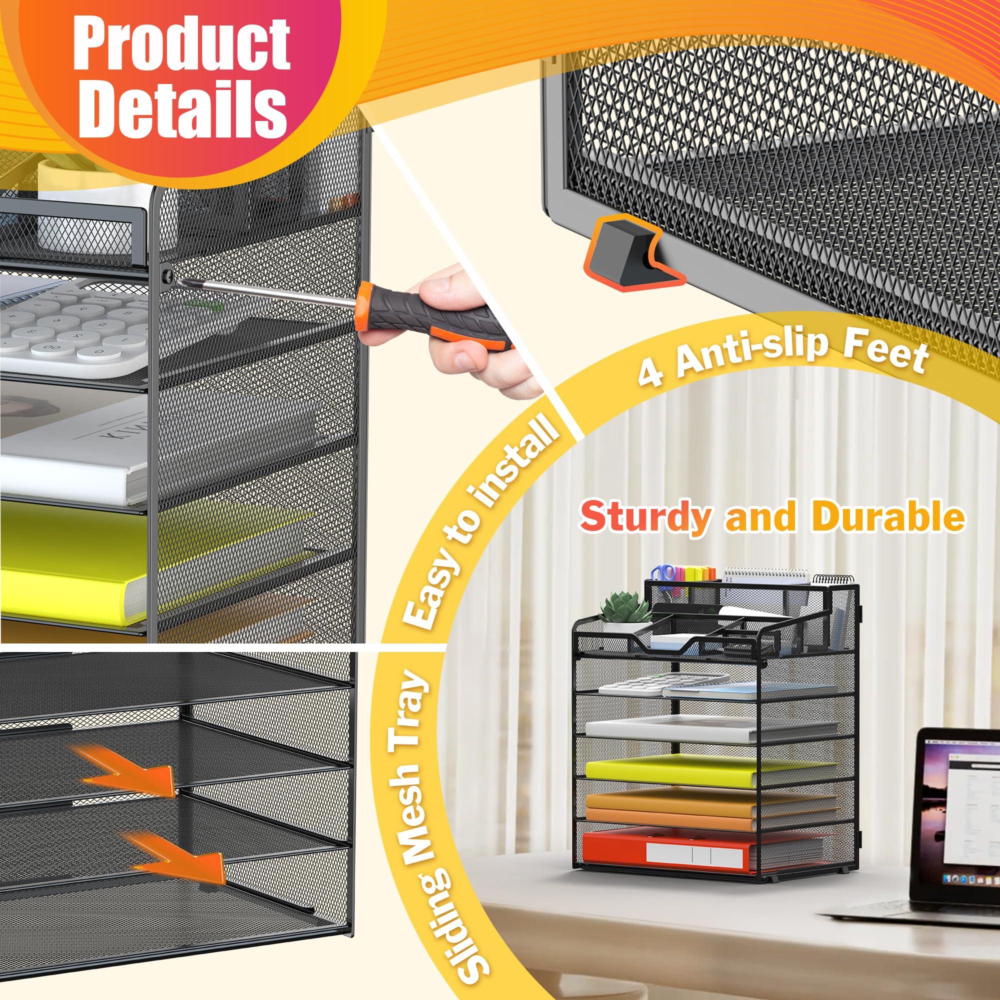 Docnest Multi-Functional Desk Organizer Tray, 6 Tier Paper Letter Tray Organizer with 3 Pen Holder, Mesh Desktop Organizer and Storage with 5 Adjustable Compartments for Office Supplies-Black - Image 6