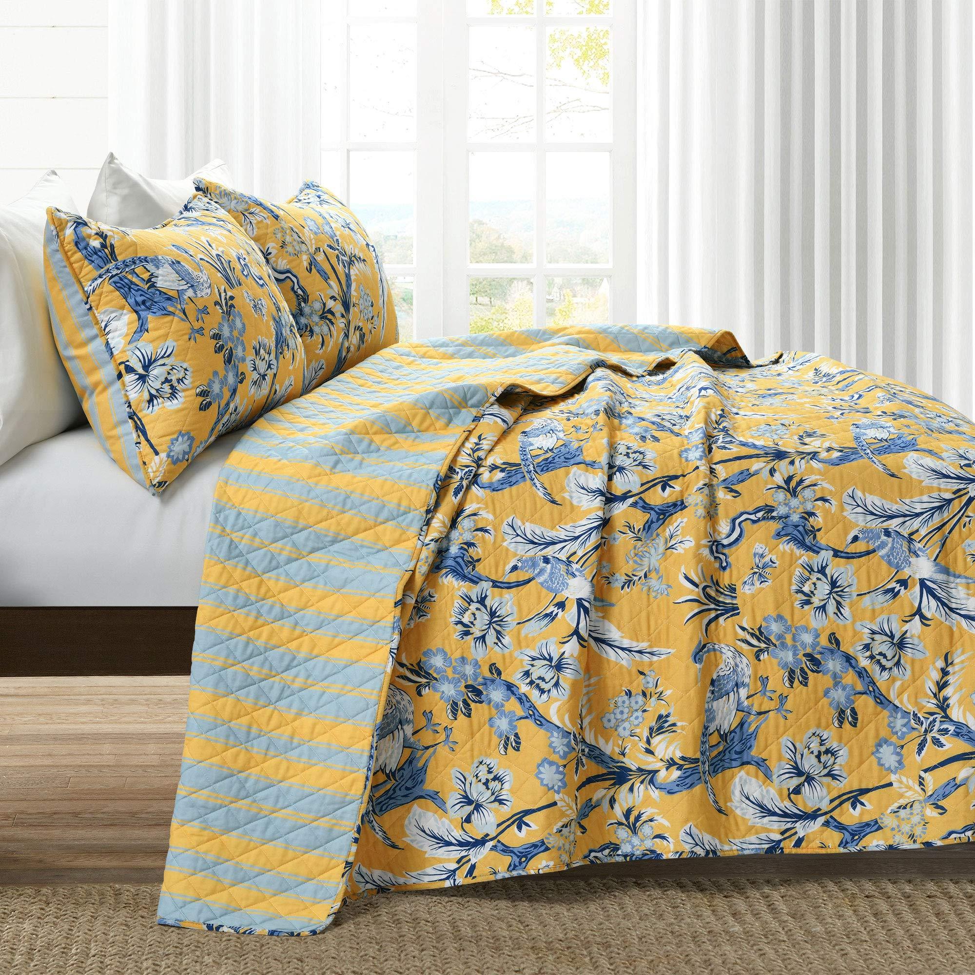 Lush Decor Dolores Reversible Cotton Quilt Set, 3 Piece Set, Full/ Queen, Yellow & Blue - Toile Bedding Set - Floral & Bird Quilt - Cottage, Maximalist & French Country Bedroom Decor - Image 3