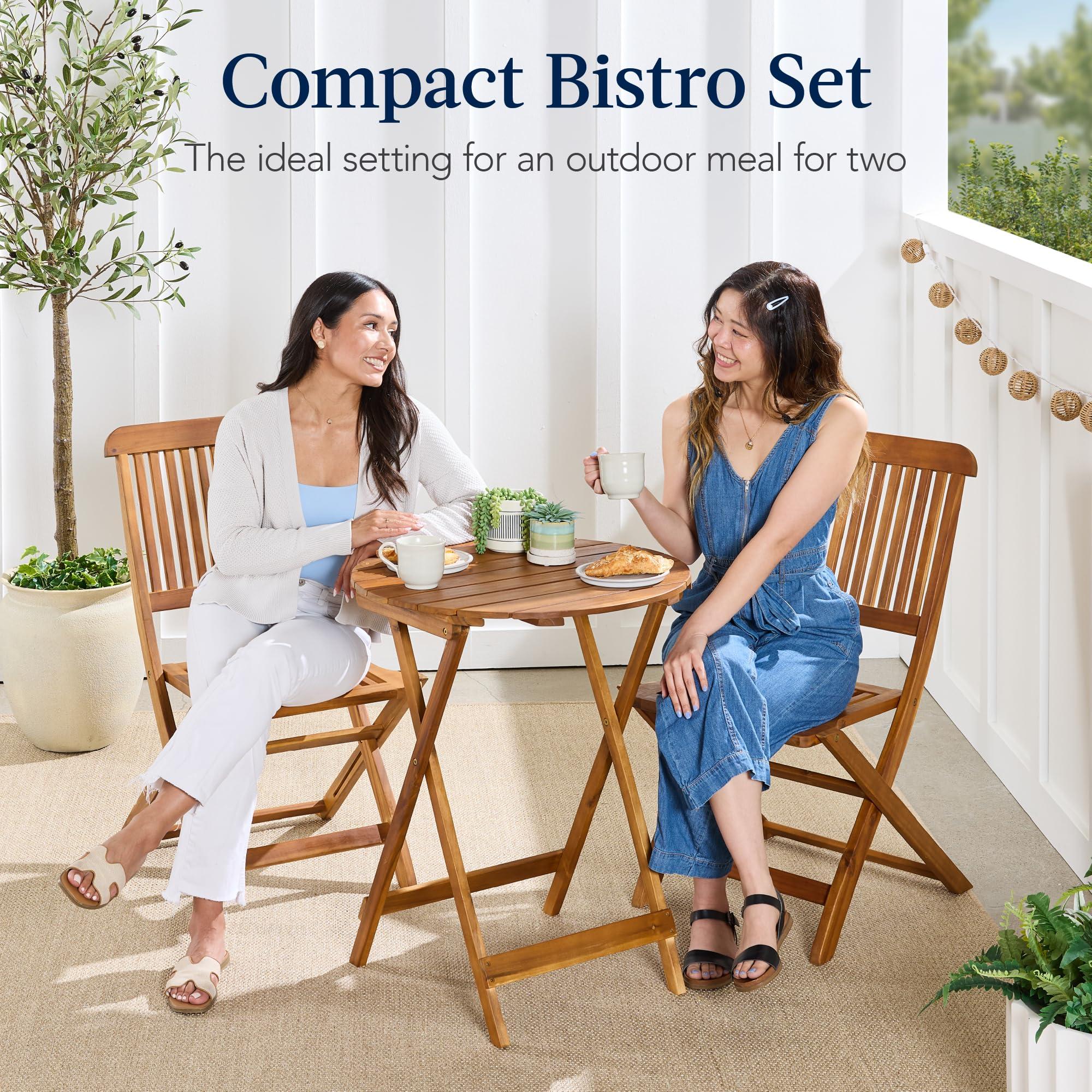 Best Choice Products 3-Piece Acacia Wood Bistro Set, Folding Patio Furniture for Backyard, Balcony, Deck w/ 2 Chairs, Round Coffee Table, Teak Finish - Natural - Image 6