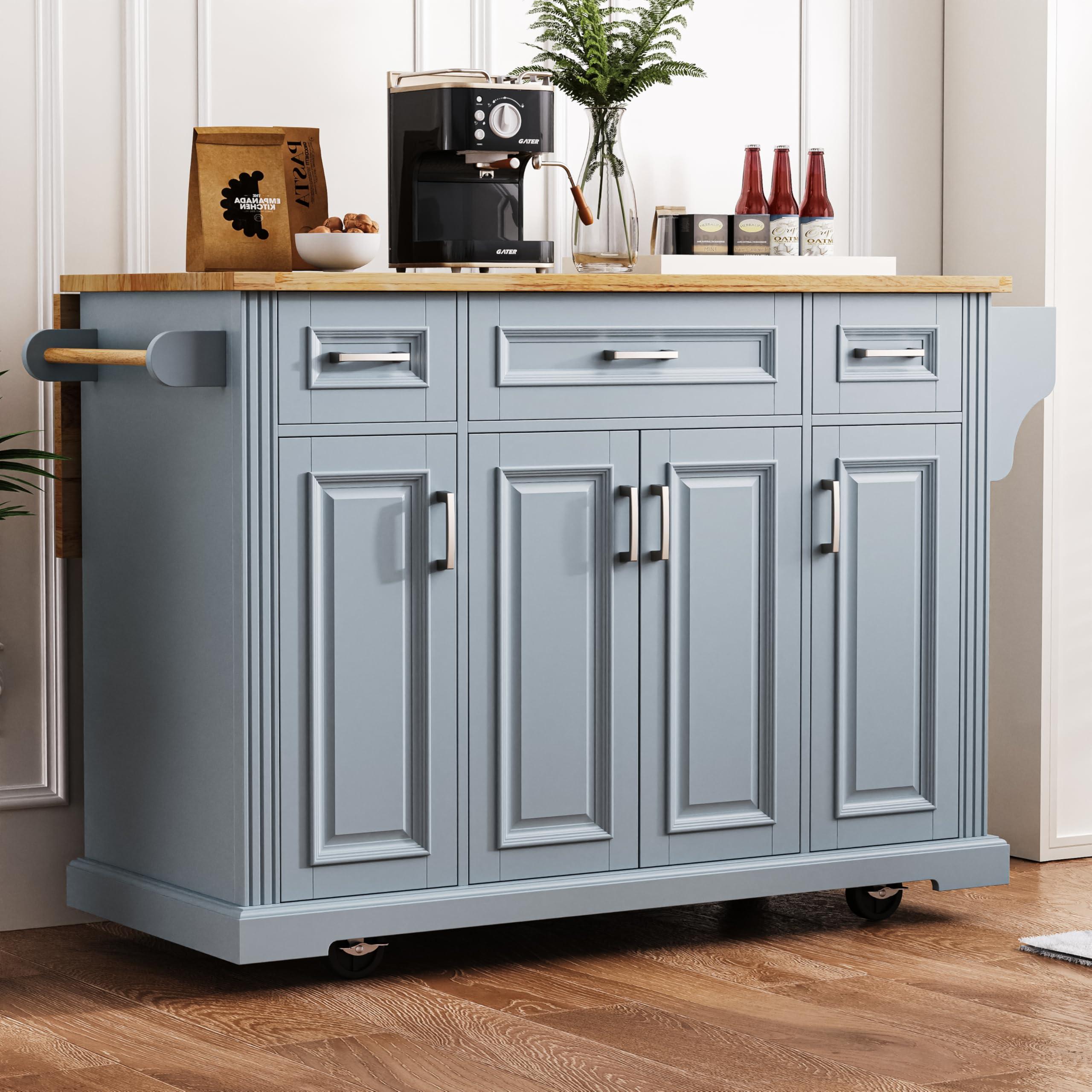 Ball & Cast Large Kitchen Island with Rubber Wood Drop Leaf,Embossed Texture Rolling Kitchen Cart On 4 Wheels W/4 Doors&3 Drawers,Mobile Kitchen Islands W/Storage for Kitchen,Dining Room,Grey Blue,54" - Image 11