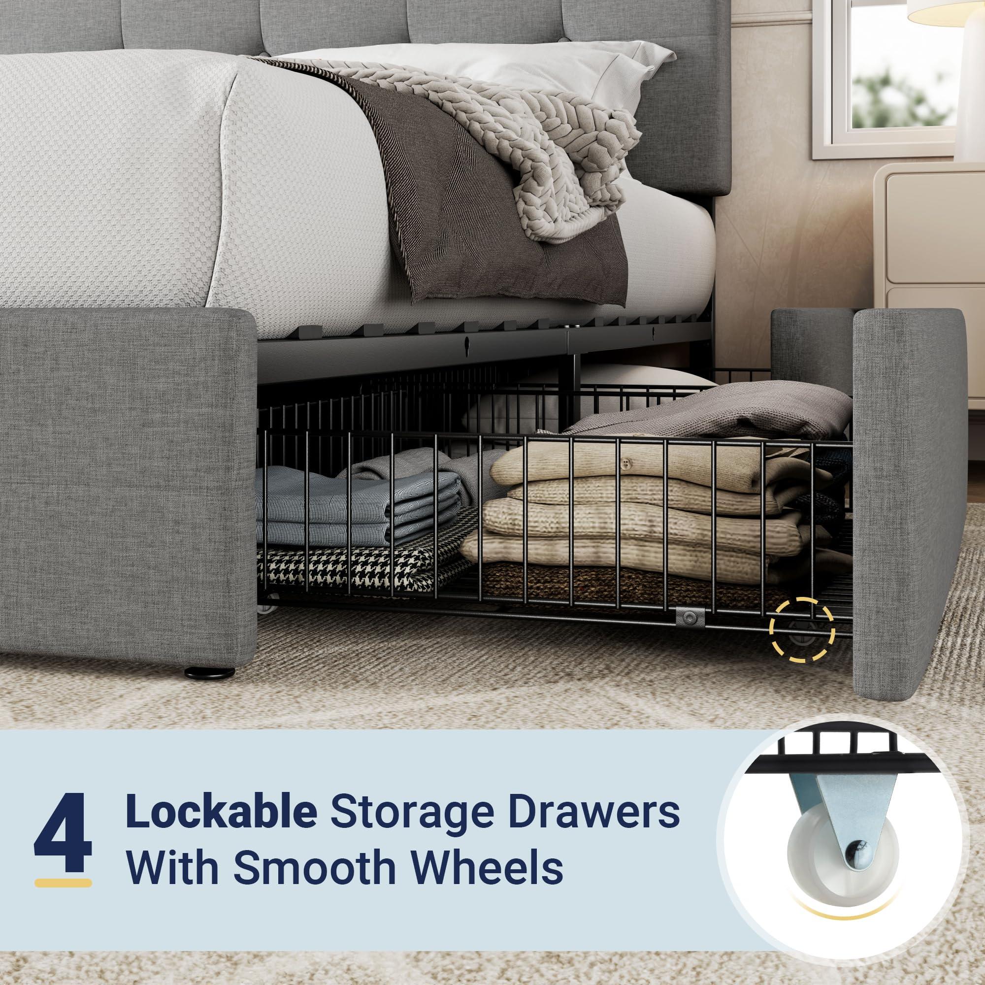 Allewie Upholstered Queen Size Platform Bed Frame with 4 Storage Drawers and Headboard, Square Stitched Button Tufted, Mattress Foundation with Wooden Slats Support, No Box Spring Needed, Light Grey - Image 5