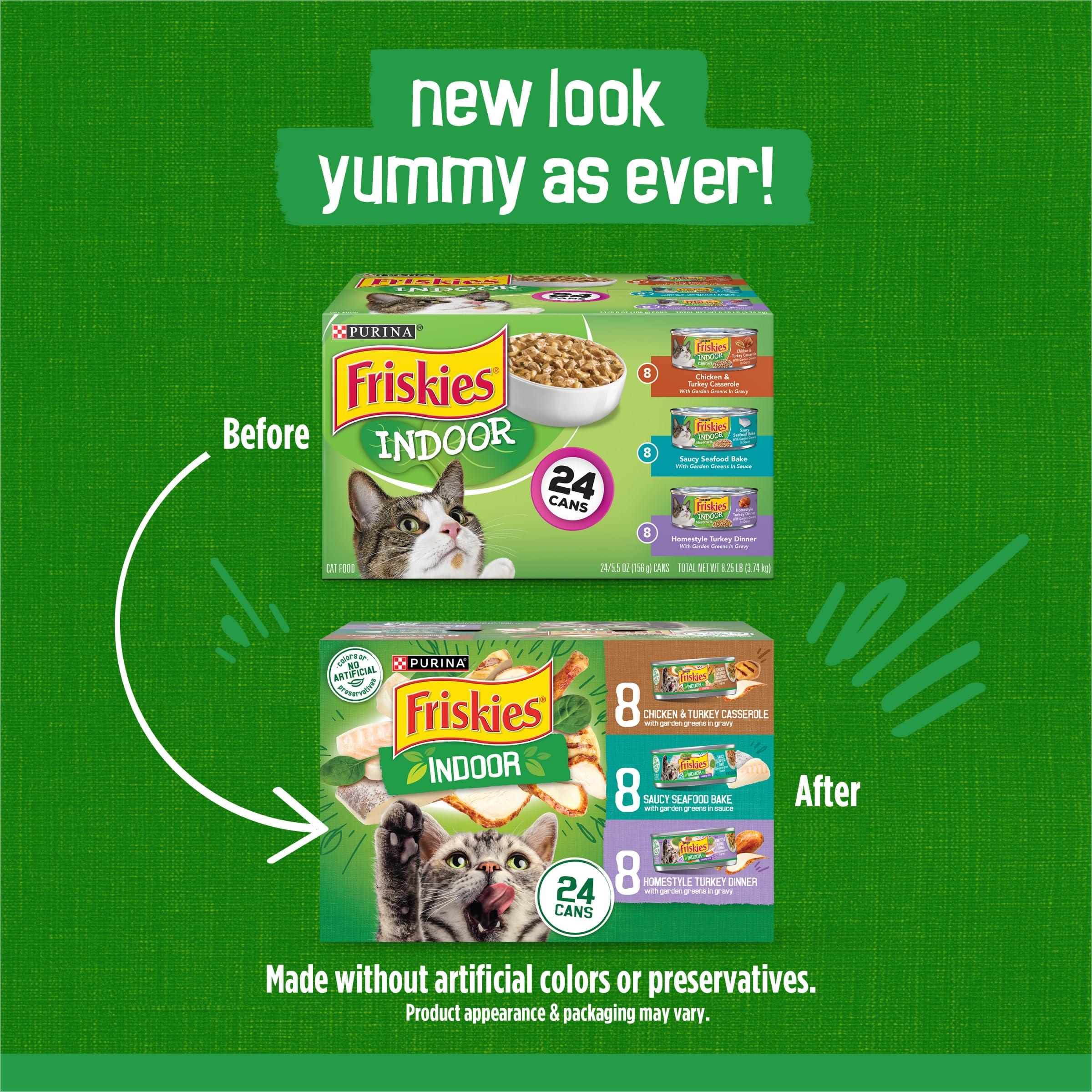 Purina Friskies Indoor Cat Food 24ct VP - (Chicken and Turkey Casserole, Saucy Seafood Bake, Homestyle Turkey Dinner) - (Pack of 24) 5.5 oz. Cans - Image 2