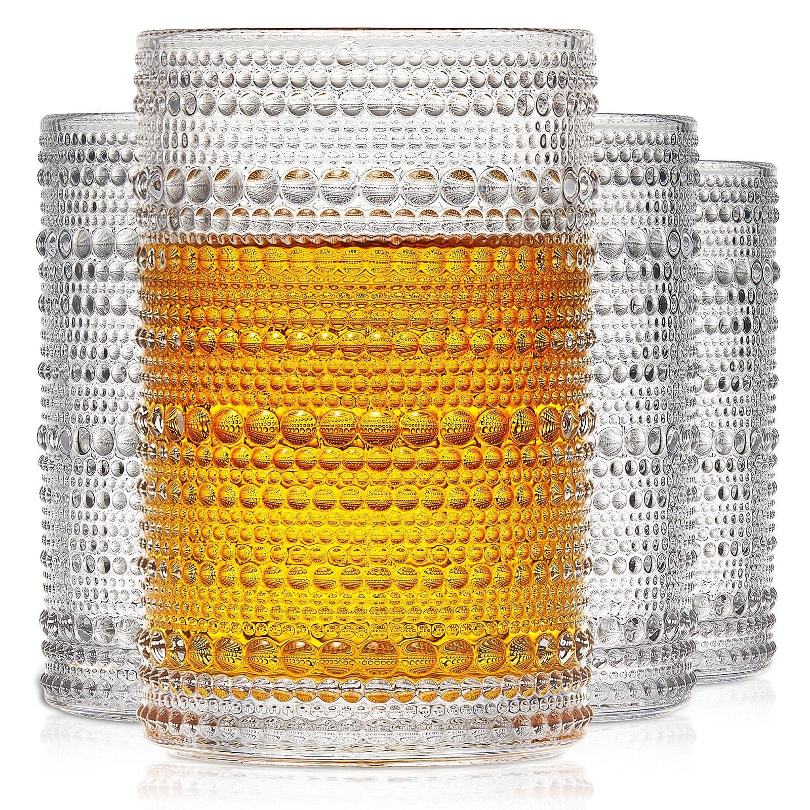 OPAYLY hobnail drinking glasses Highball Glasses Set of 4 12oZ Embossed Vintage Drinking Water Cocktail Whiskey Beverages Juice Milk Soda Gift for Men Women