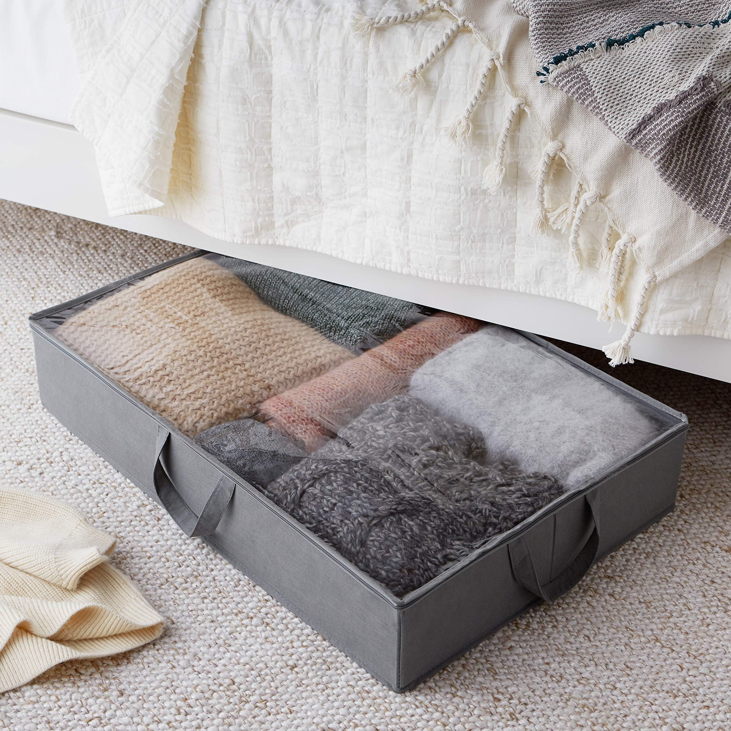 Amazon Basics Under Bed Fabric Zipper Blanket Storage Container Bags with Window and Handles, 2-Pack, 18 x 42 x 6 inches, Gray - Image 2