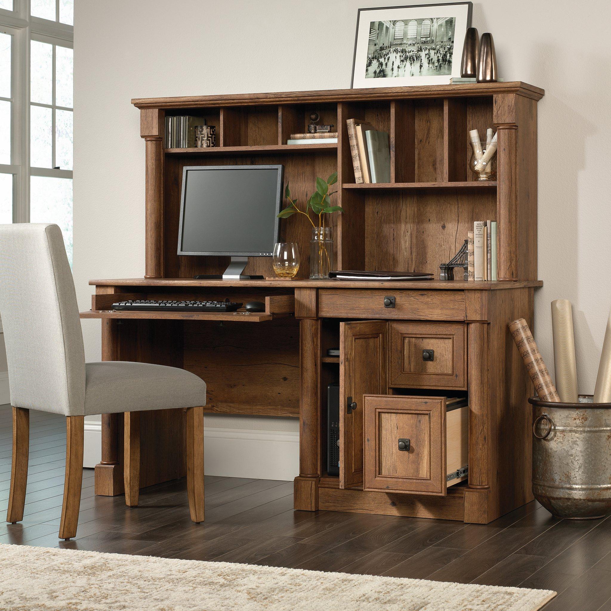 Sauder Palladia Computer Desk with Hutch, Home Office Desk with Drawers, File Cabinet Storage Drawer, Cable Management, Keyboard Tray, in Vintage Oak finish - Image 4