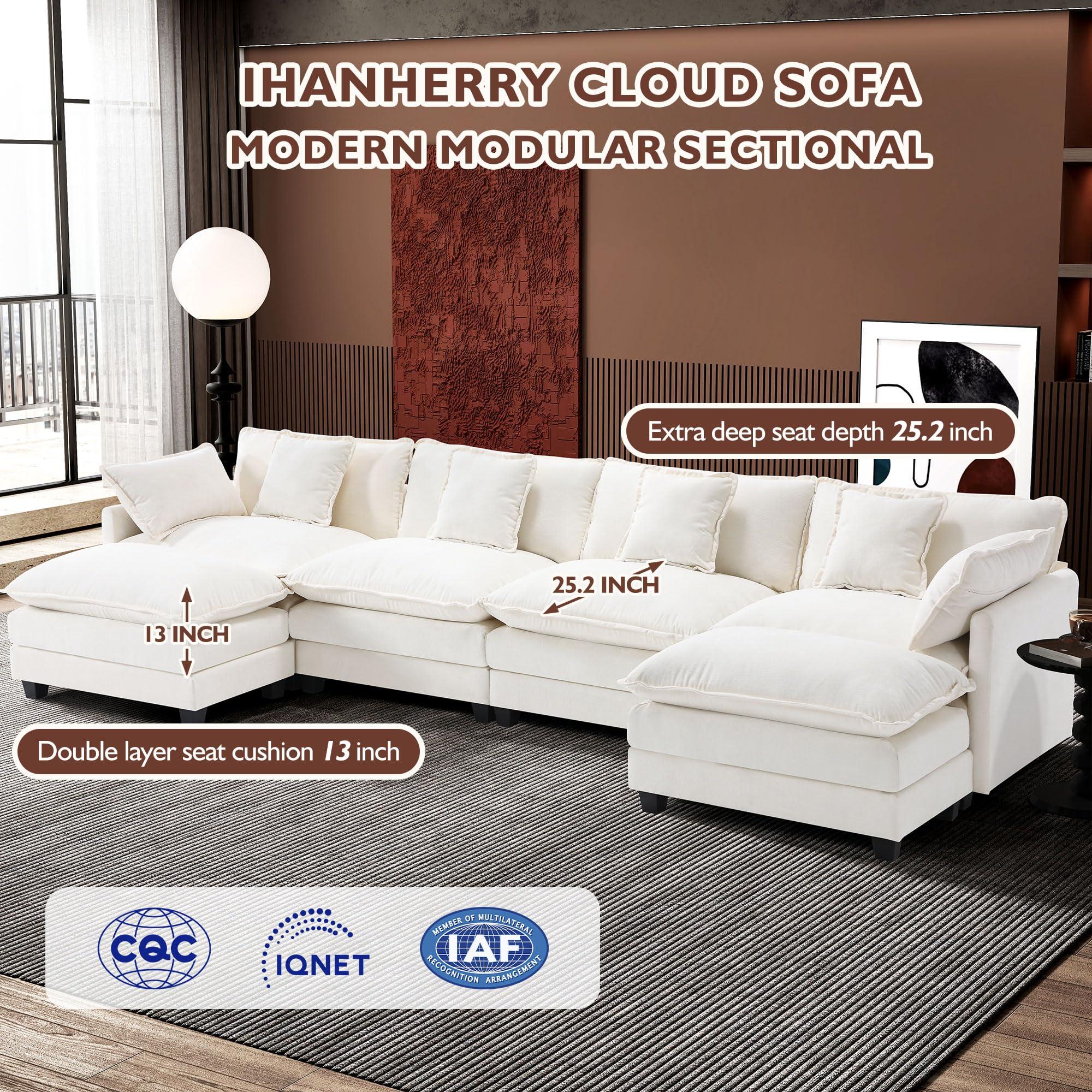 Ihanherry 146" U-Shaped Modern Sofa Modular Sectional Cloud Couch with 2 Ottoman, 6-Seat Chenille Deep Seat Sofa with 6 Pillows for Living Room, Bedroom and Apartment, Beige - Image 2