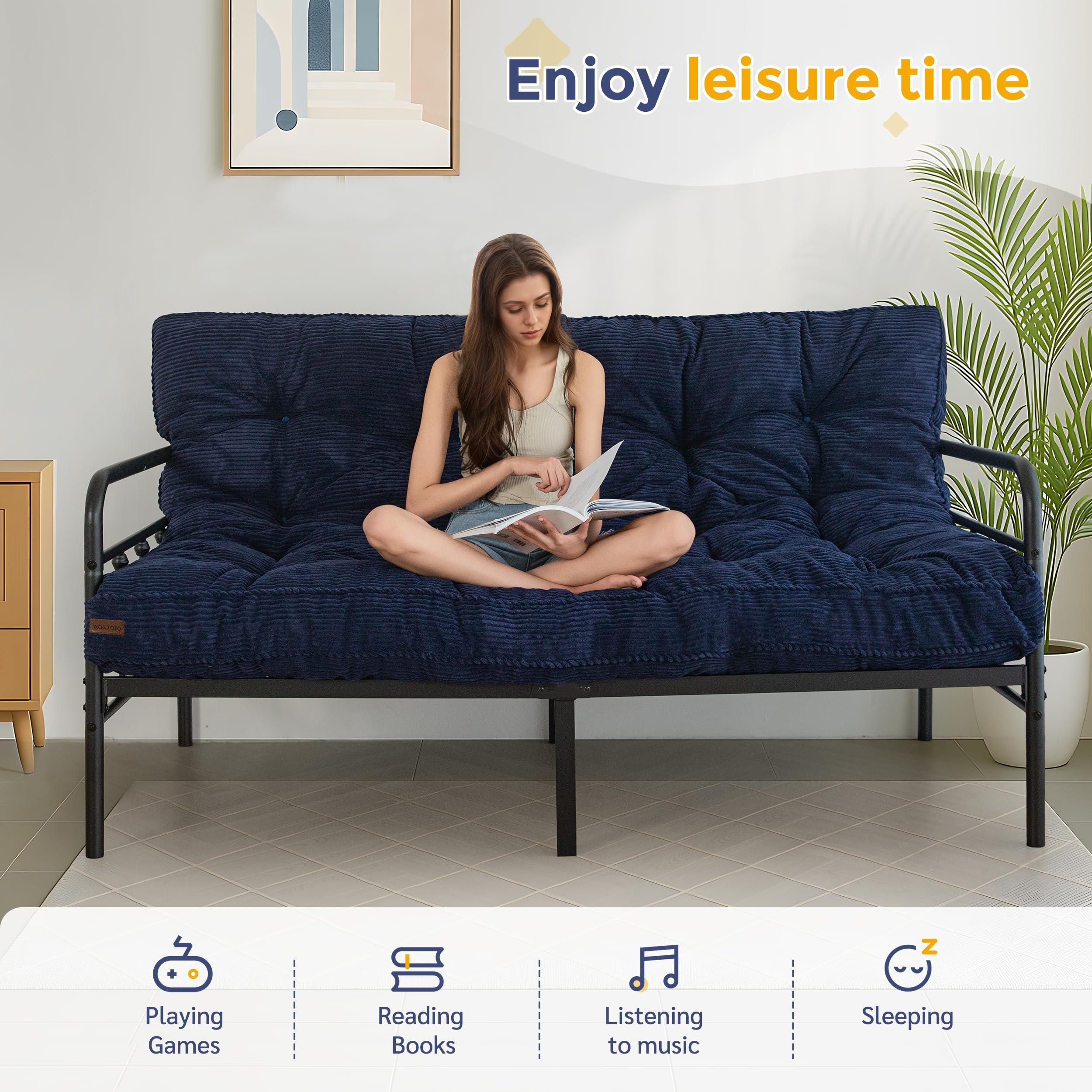 MAXYOYO 6" Futon Mattress Full Size, Tufted Futons Sofa Couch Bed with Twisted Rope Design Edging, Thick Corded Fabric Floor Mattress for Adults, Shredded Foam Filling (Frame Not Included), Navy - Image 4