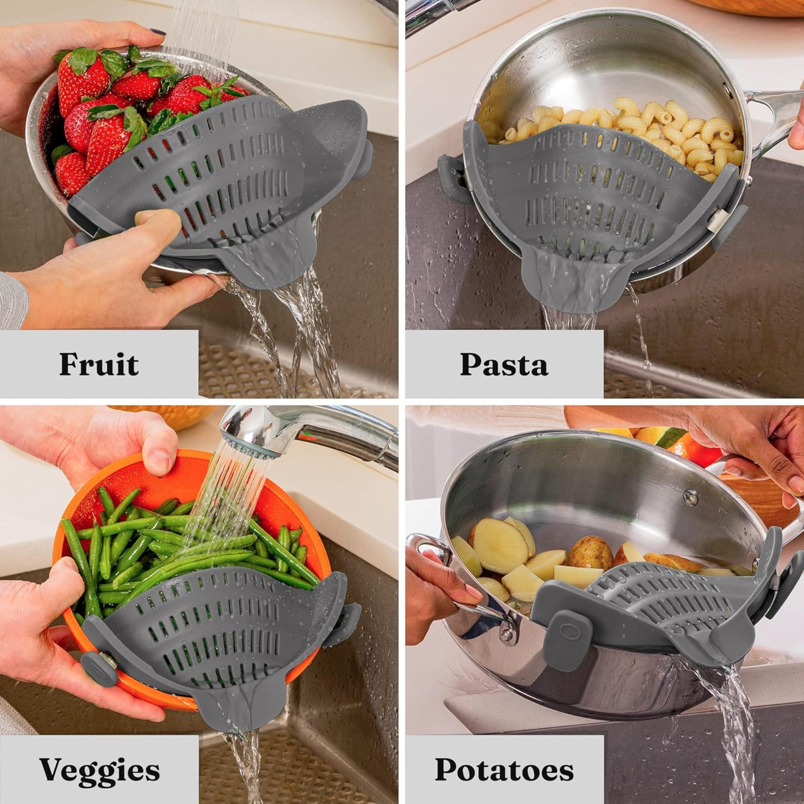 Snap N' Strain Clip-On Pasta Strainer by Kitchen Gizmo - Silicone Colander for Pots and Pans - Heat Resistant Kitchen Essential - Cooking Gadgets for Home - Compact Design - Grey - Image 9
